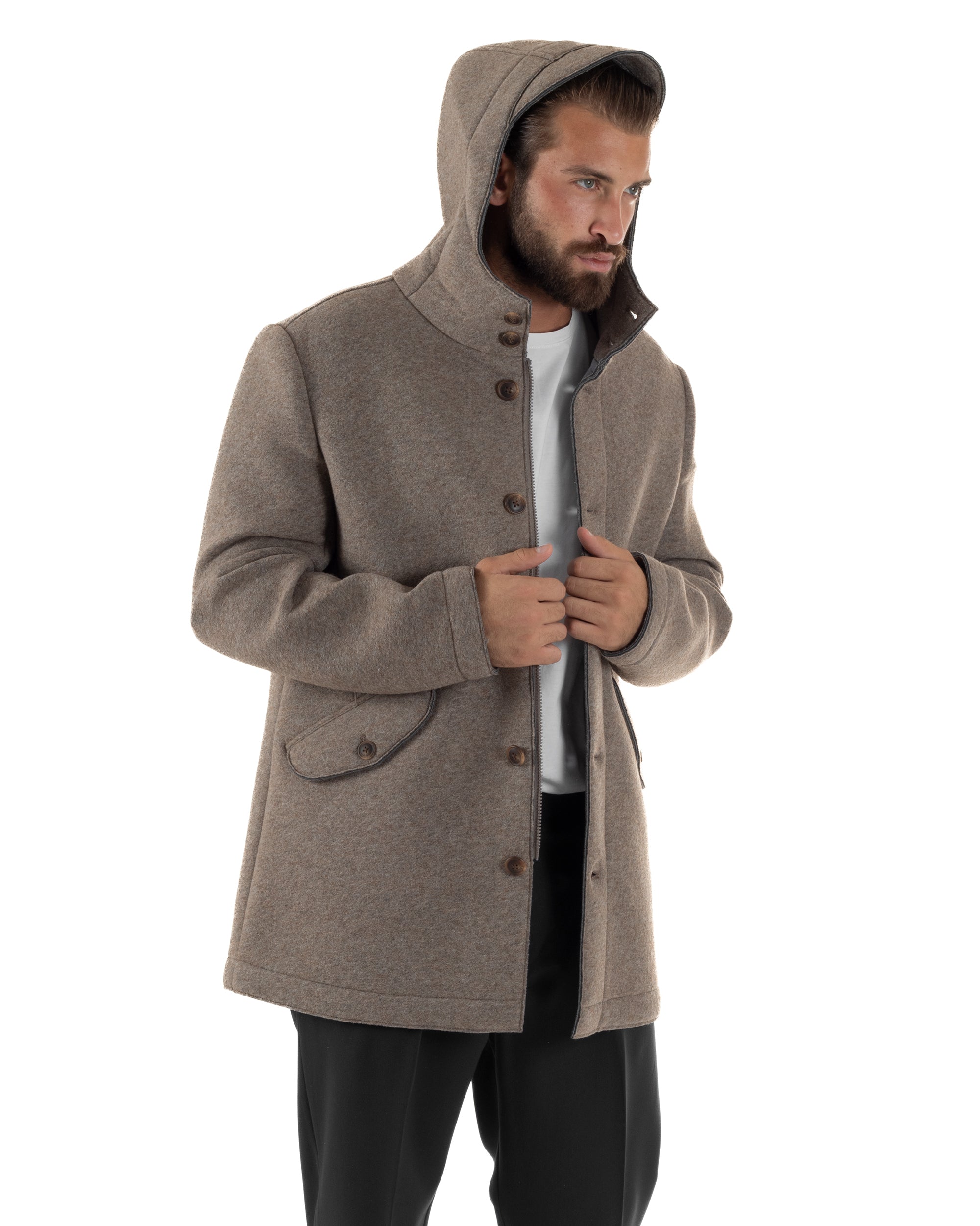 Cappotto Uomo Parka Lungo Cappuccio Tessuto Scuba Lana Beige Over-D OC1F2W5J35