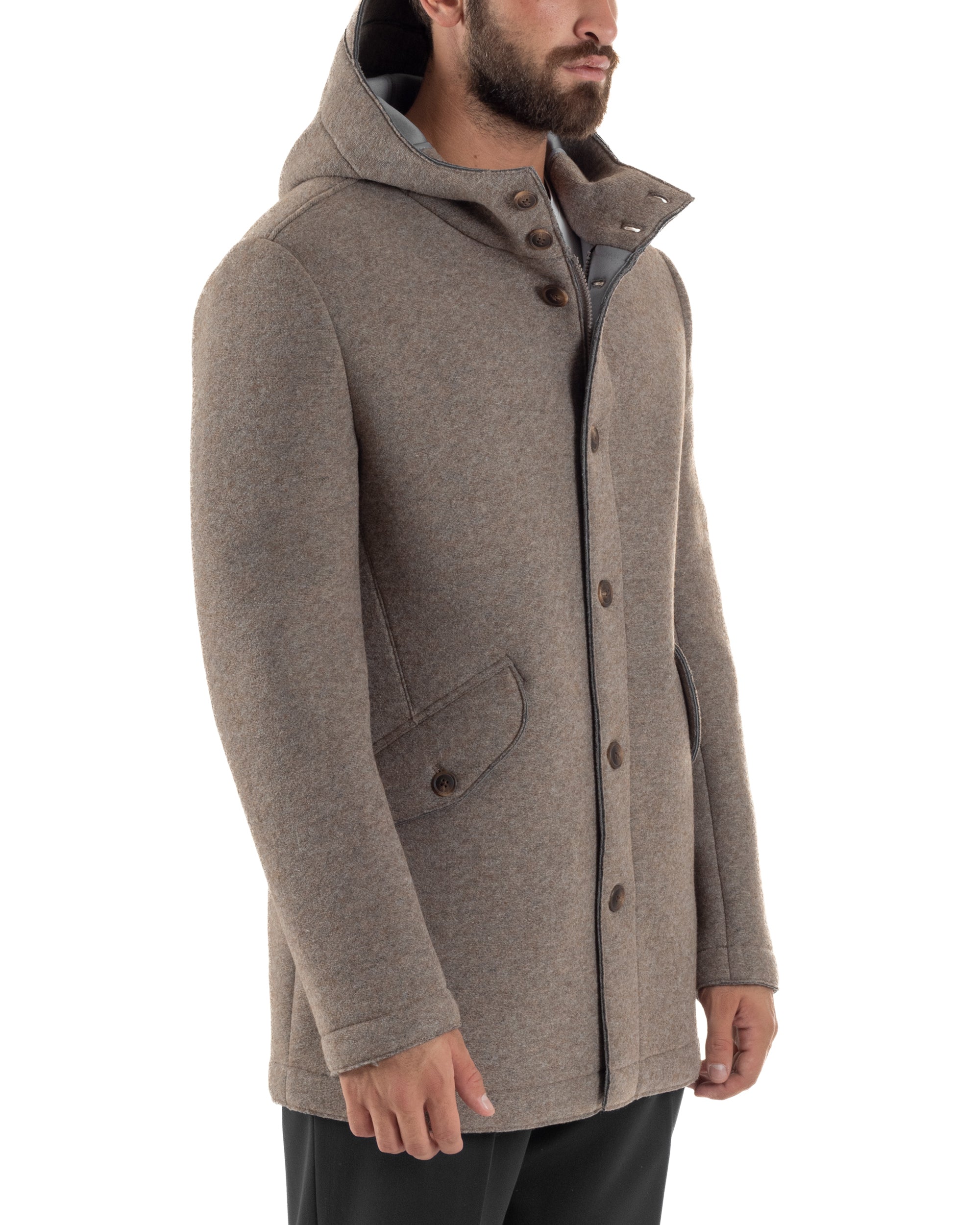 Cappotto Uomo Parka Lungo Cappuccio Tessuto Scuba Lana Beige Over-D OC1F2W5J35
