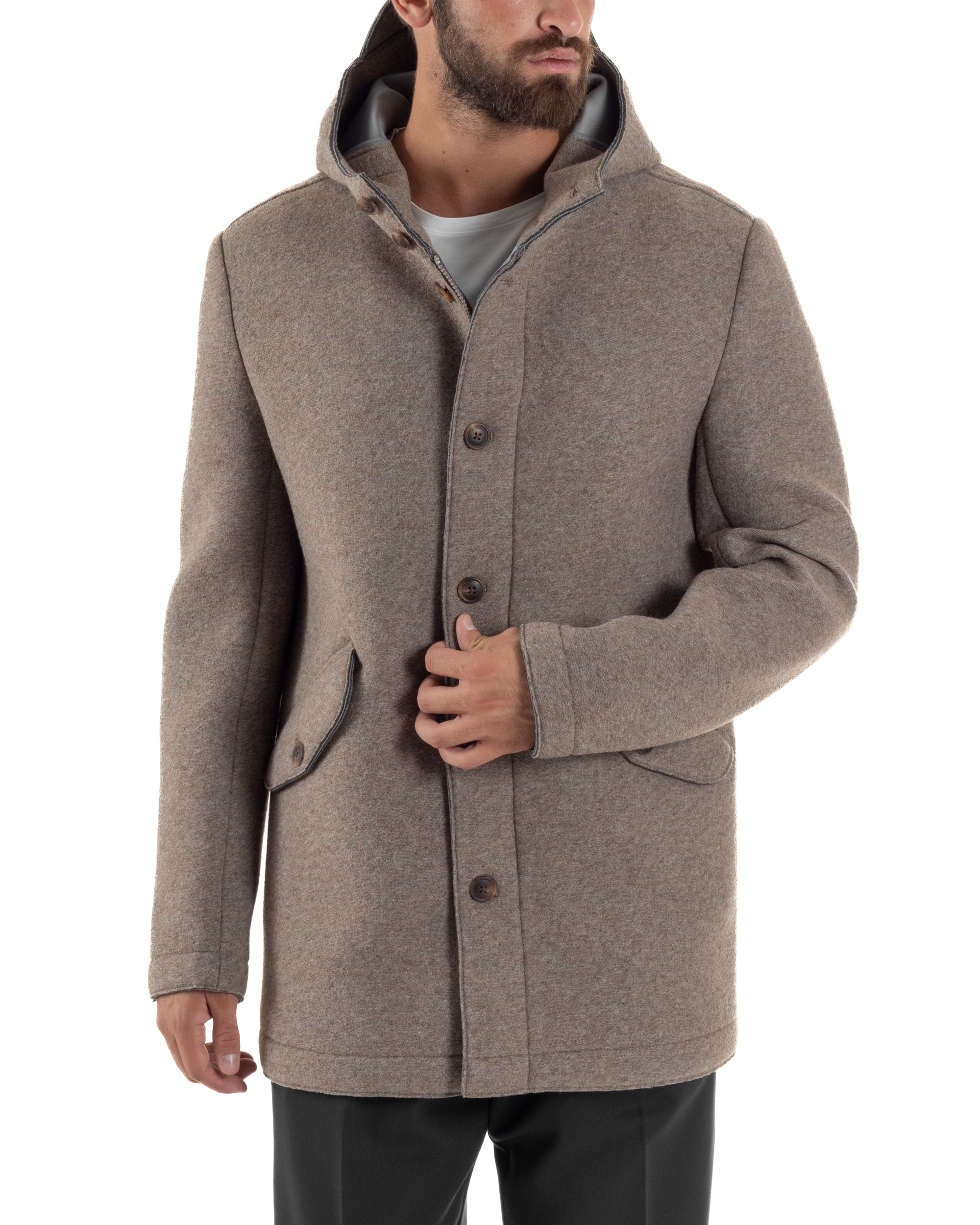 Cappotto Uomo Parka Lungo Cappuccio Tessuto Scuba Lana Beige Over-D OC1F2W5J35