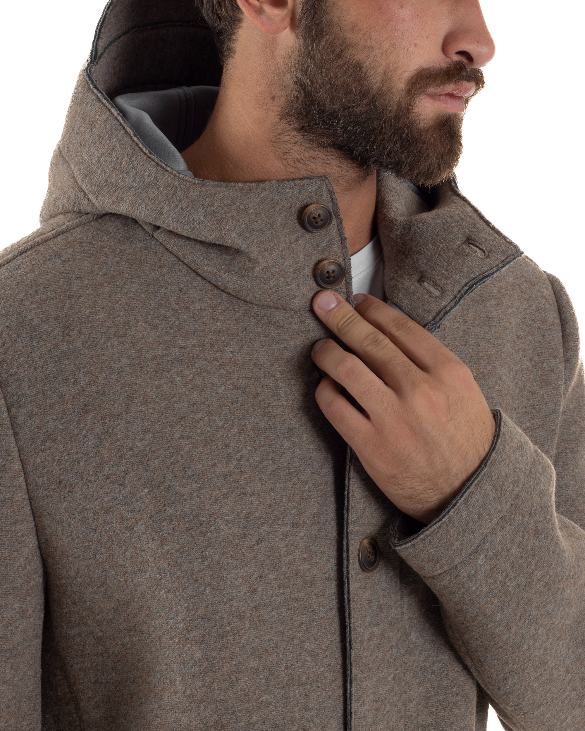 Cappotto Uomo Parka Lungo Cappuccio Tessuto Scuba Lana Beige Over-D OC1F2W5J35