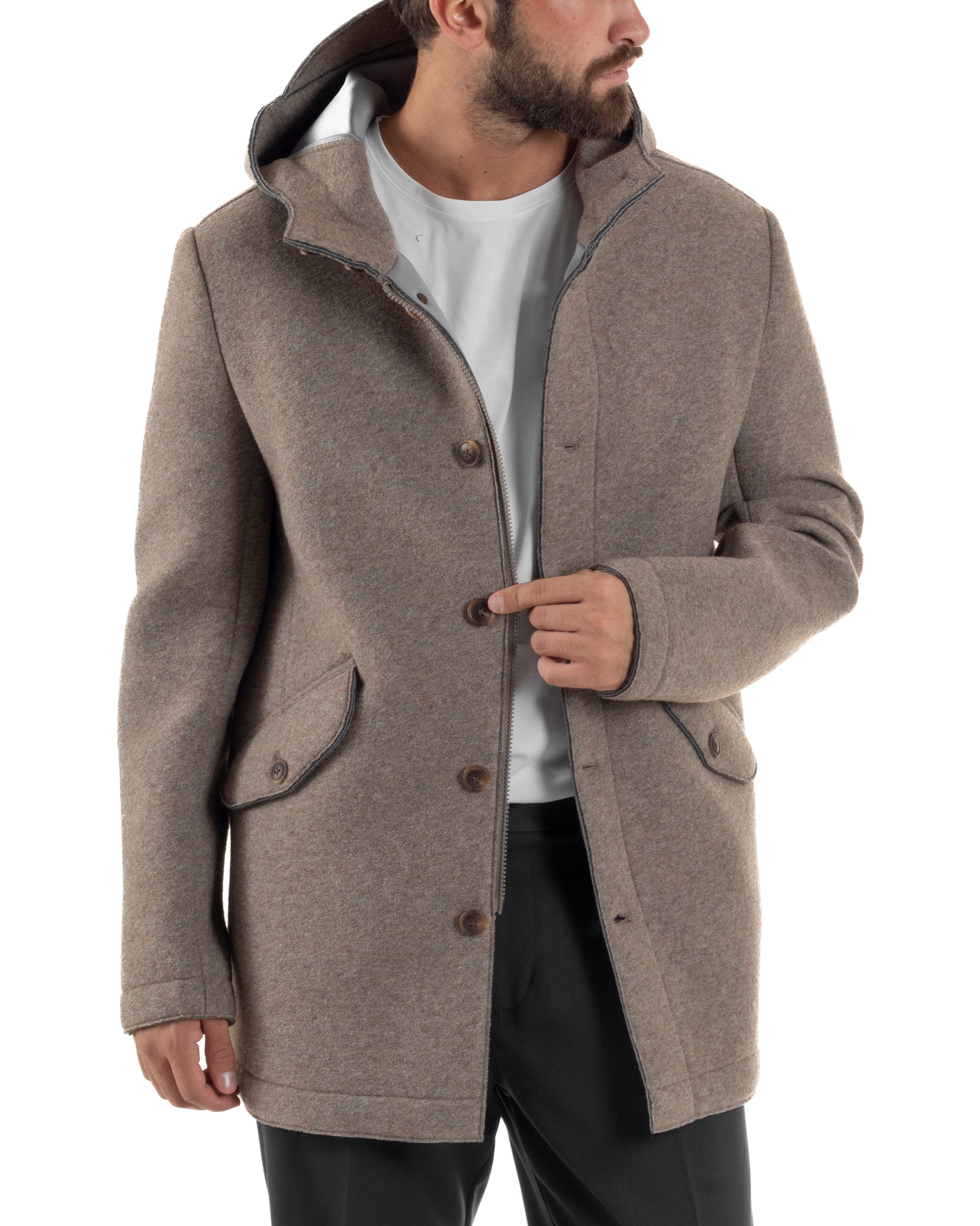 Cappotto Uomo Parka Lungo Cappuccio Tessuto Scuba Lana Beige Over-D OC1F2W5J35