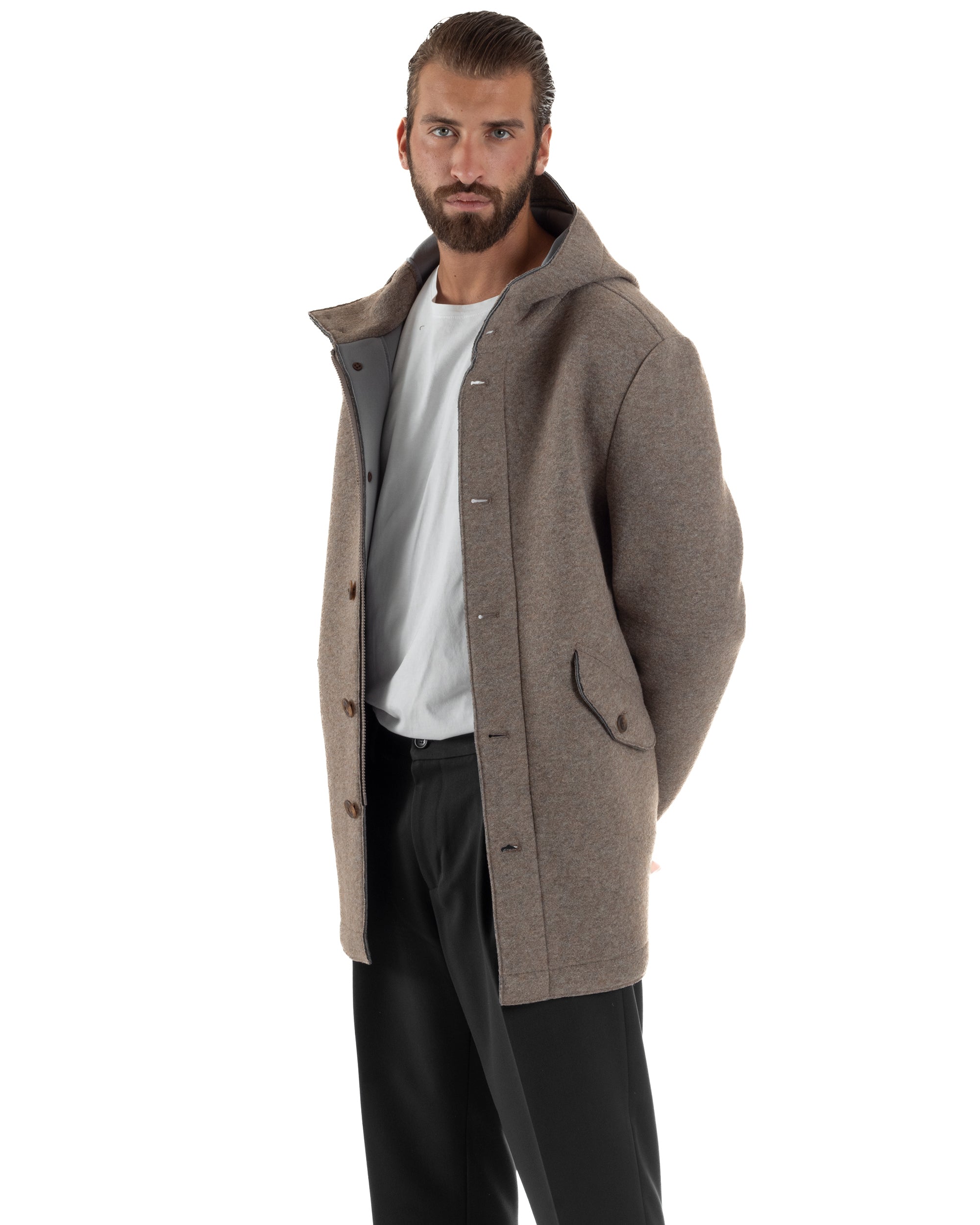 Cappotto Uomo Parka Lungo Cappuccio Tessuto Scuba Lana Beige Over-D OC1F2W5J35
