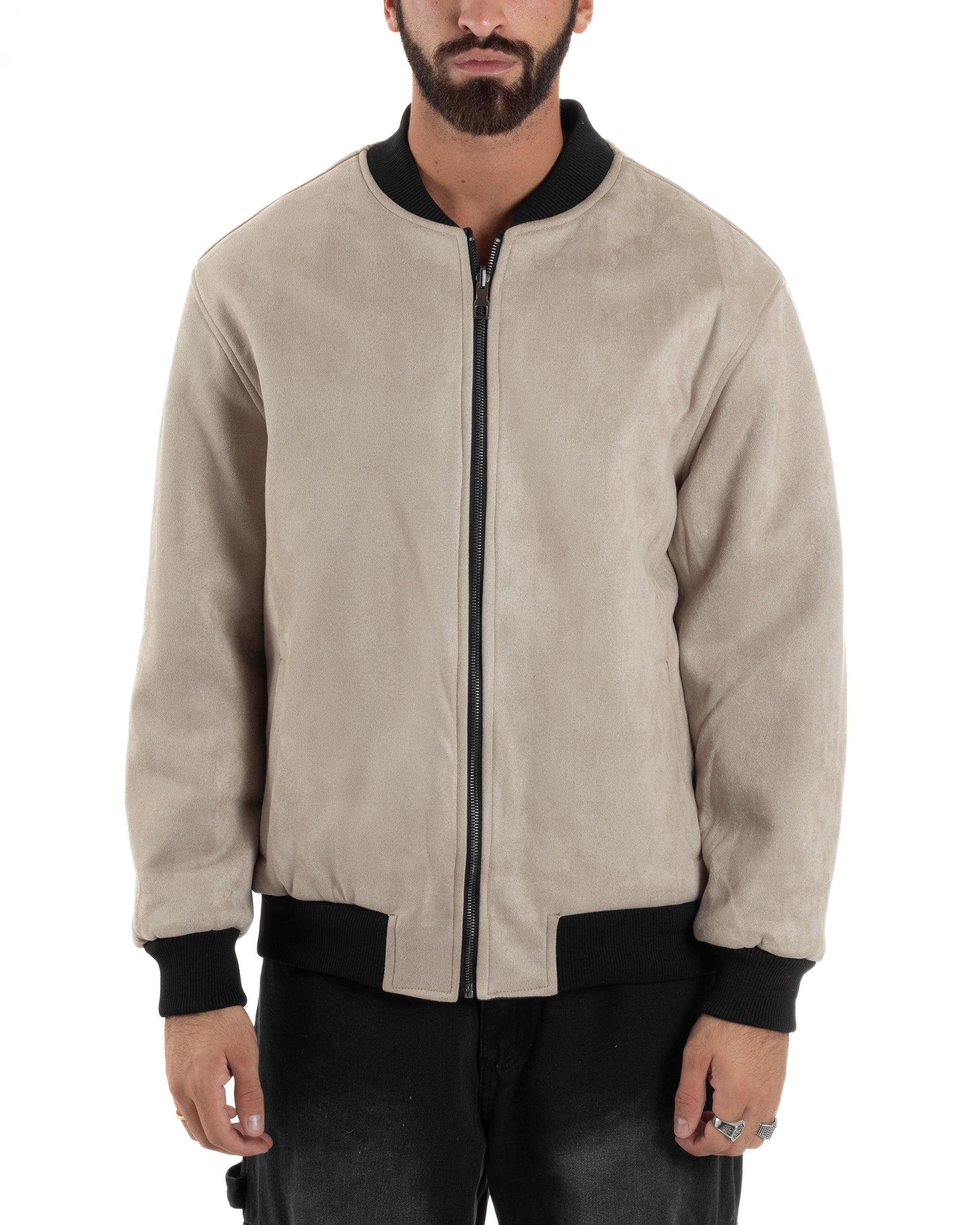 Giubbotto Double Face Bomber College Ecopelle Camoscio Beige G3342A