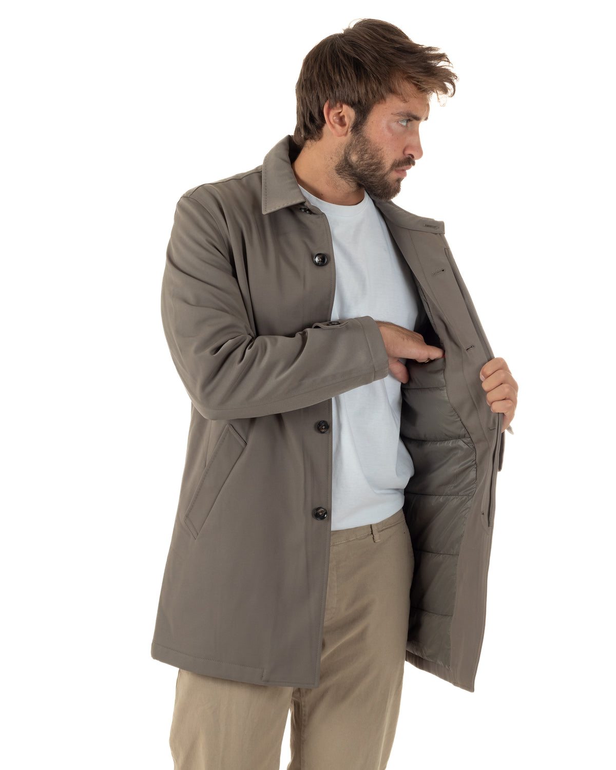 Giubbotto Uomo Trench Impermeabile Tessuto Tecnico Imbottito Beige G3354A