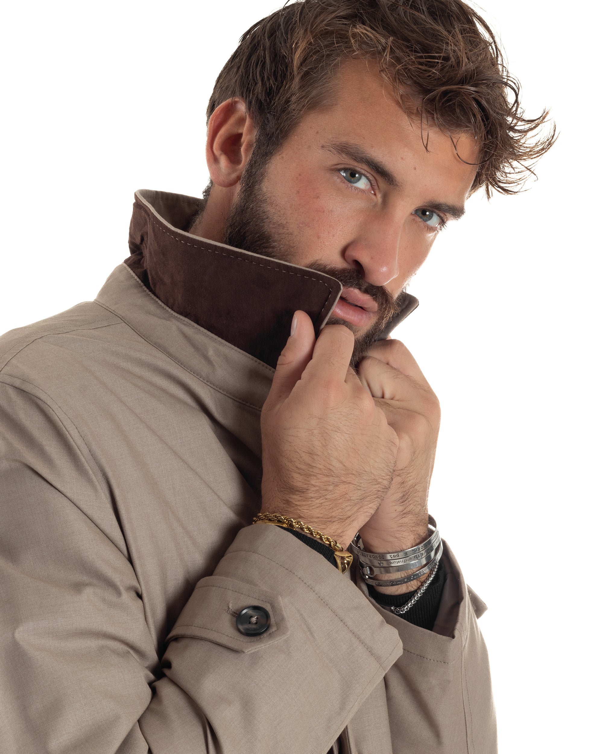Giubbotto Uomo Trench Impermeabile Tessuto Tecnico Imbottito Beige G3354A