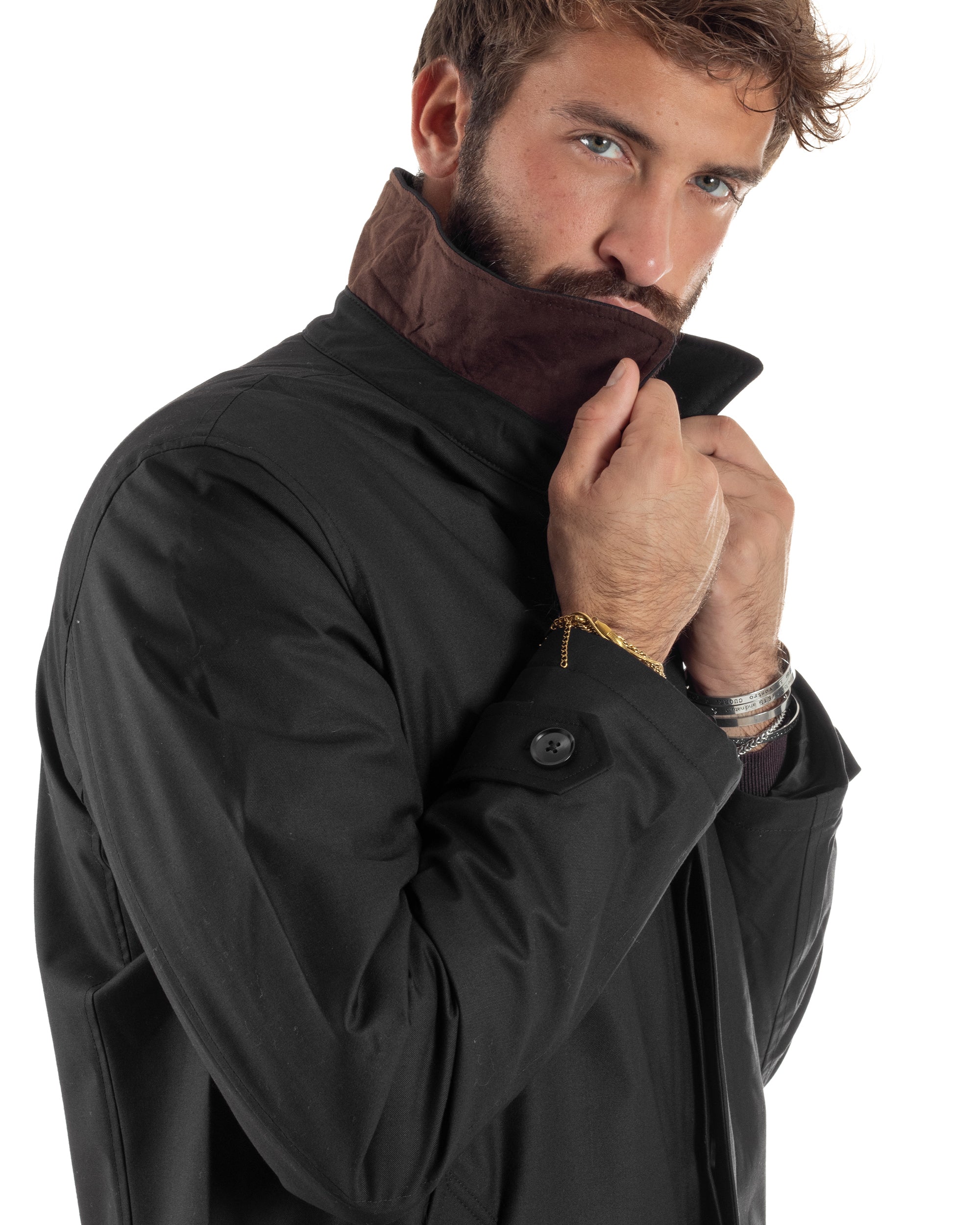 Giubbotto Uomo Trench Impermeabile Tessuto Tecnico Imbottito Nero G3355A