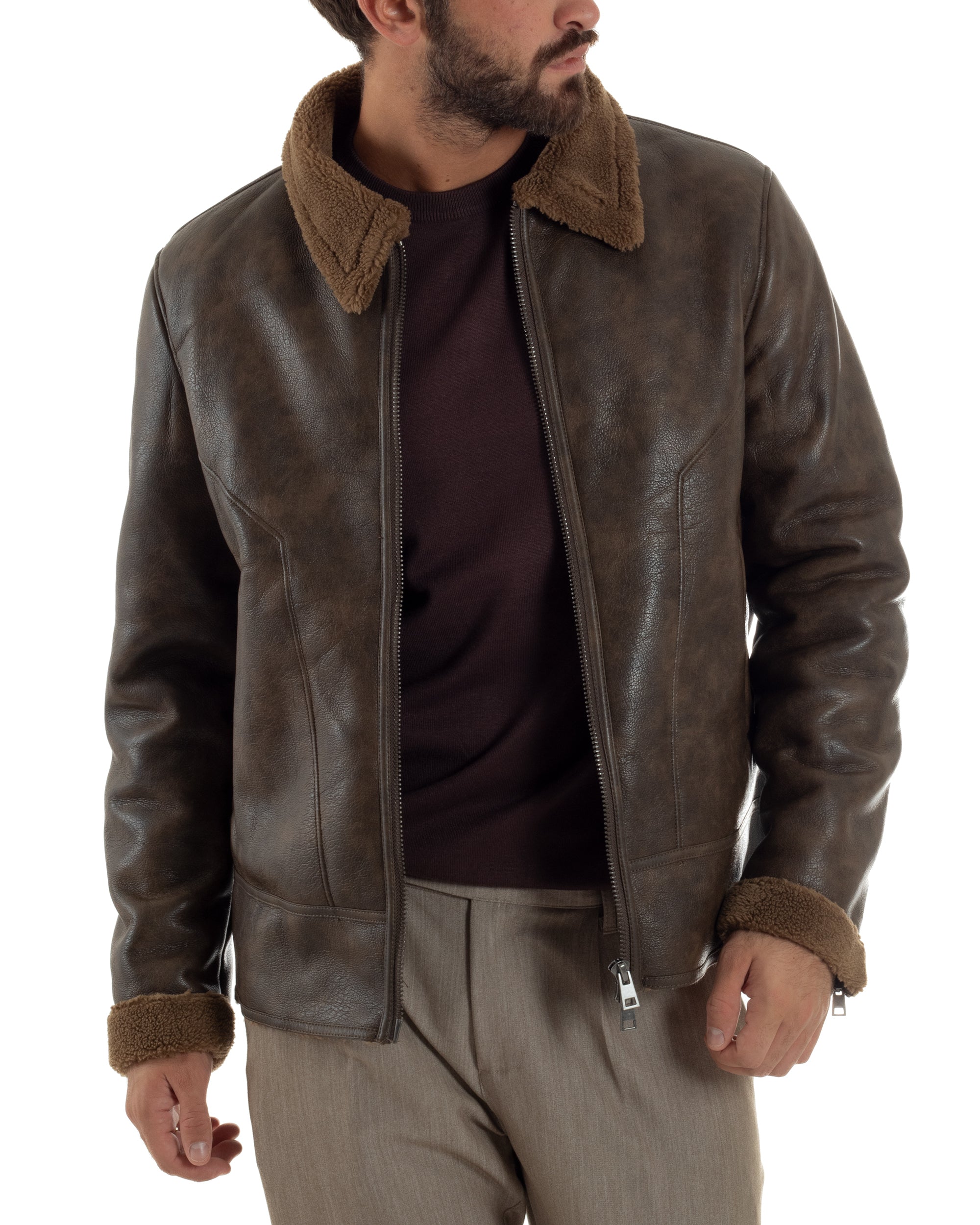 Giubbotto Uomo Ecopelle Montone College Pelliccia Casual Marrone G3360A