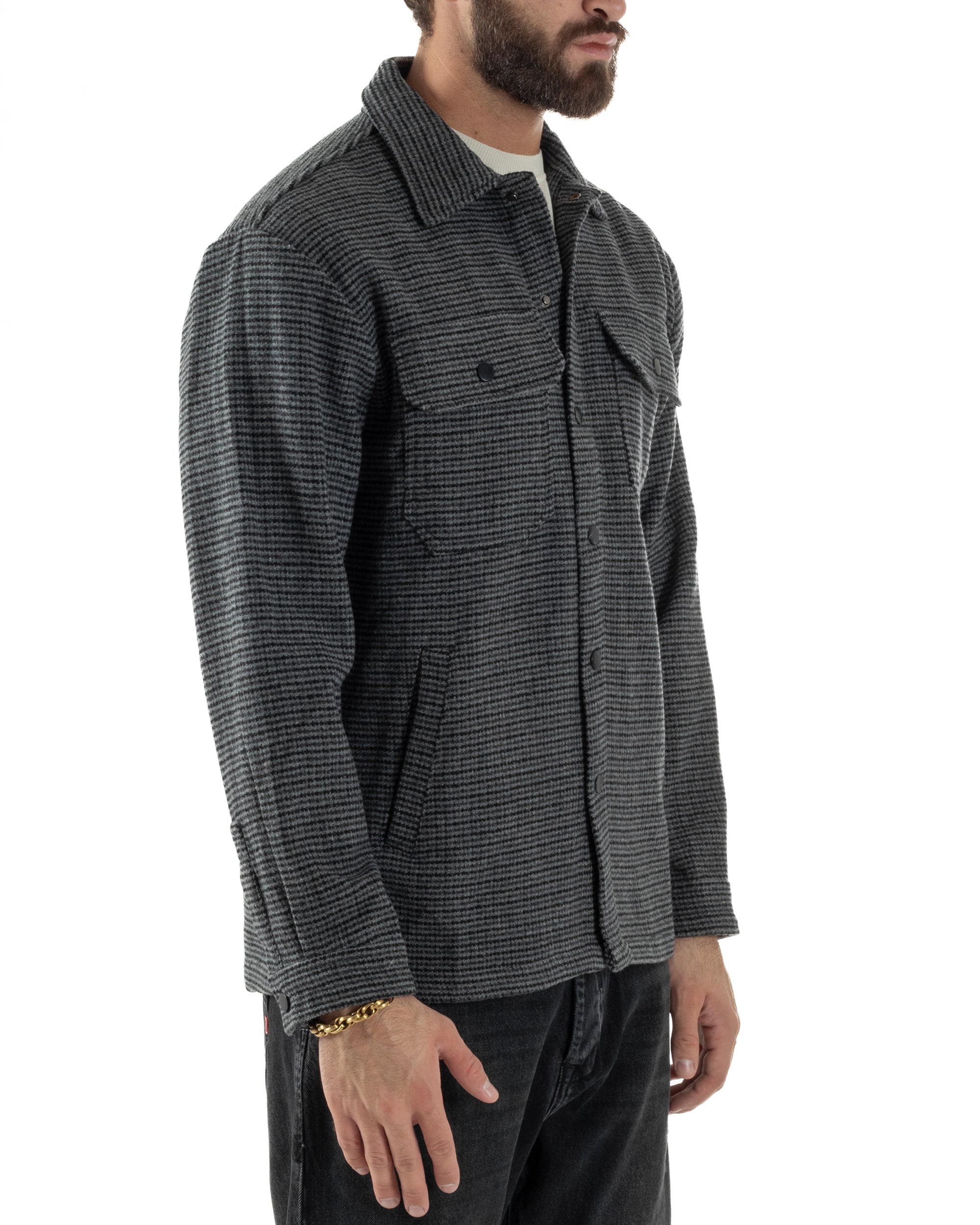 Giacca Overshirt Uomo Camicia Quadri Con Tasconi Grigio G3362A