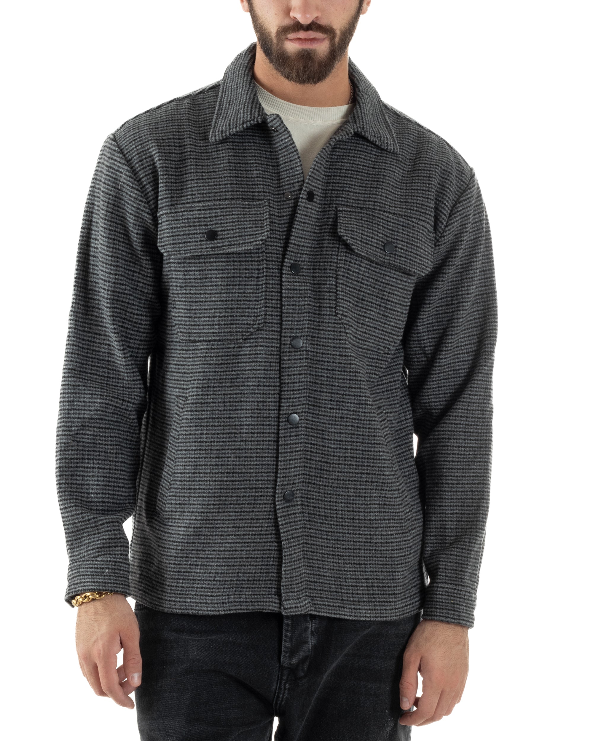 Giacca Overshirt Uomo Camicia Quadri Con Tasconi Grigio G3362A