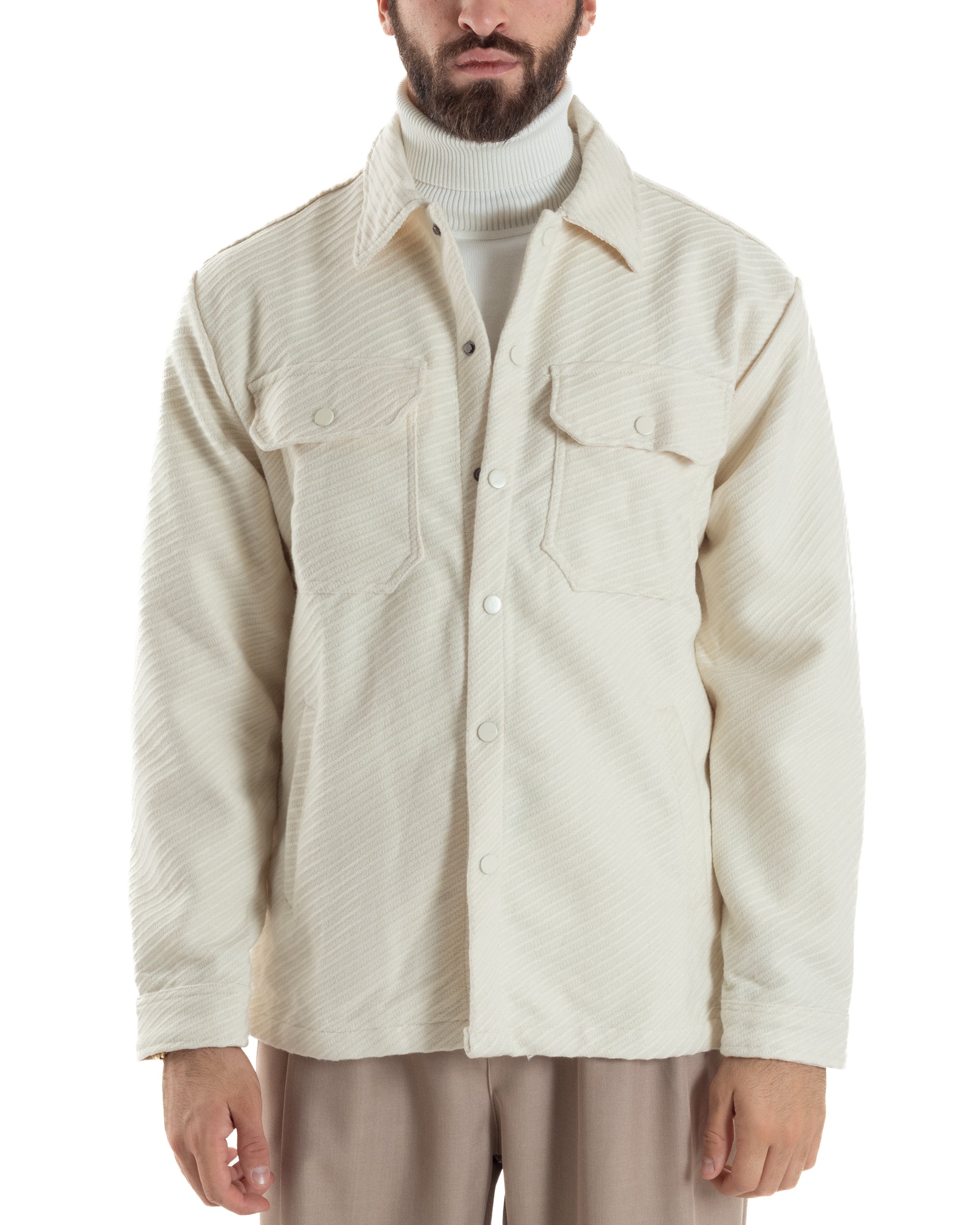 Giacca Overshirt Uomo Camicia Con Tasconi Tessuto Diagonale Panna G3363A