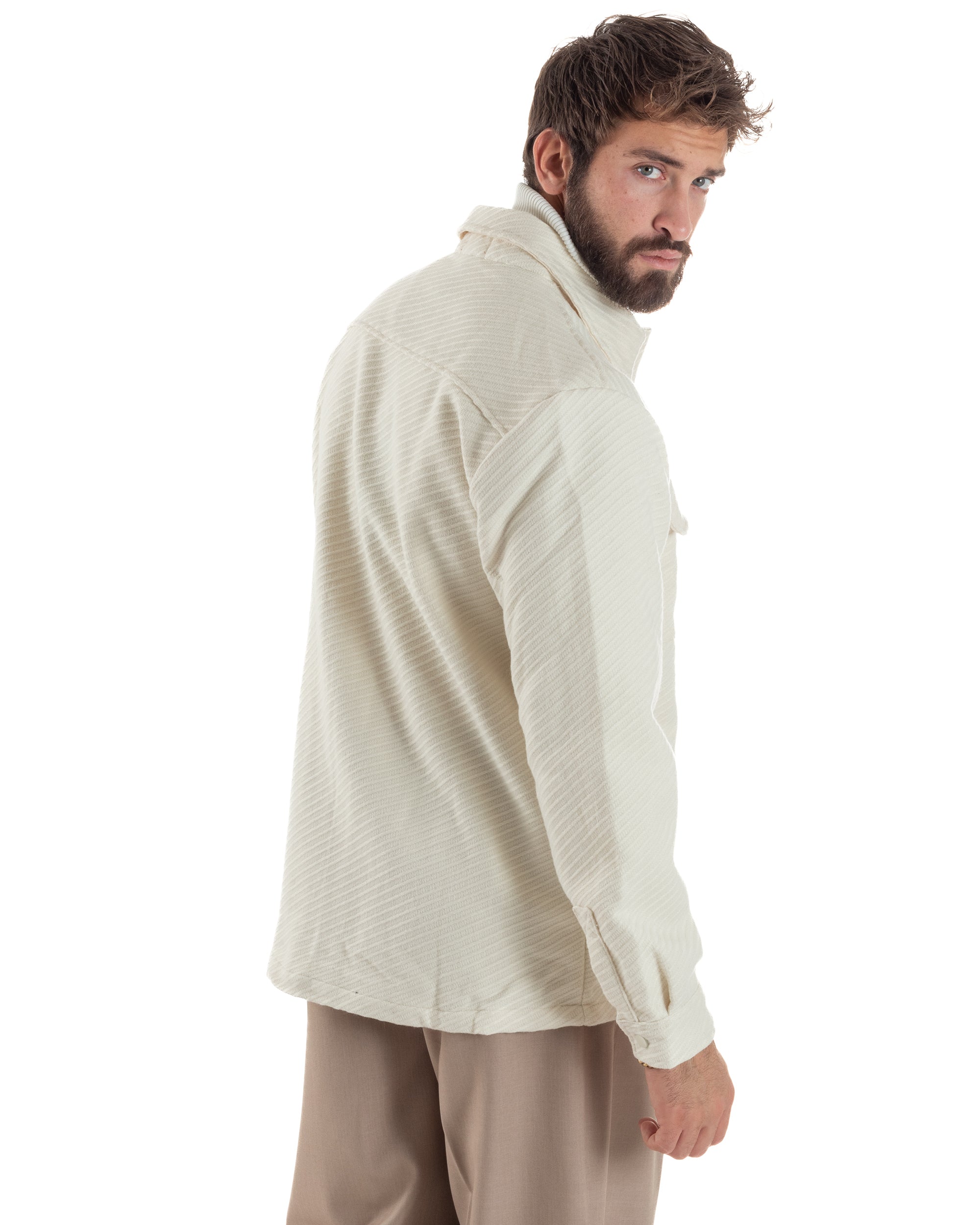 Giacca Overshirt Uomo Camicia Con Tasconi Tessuto Diagonale Panna G3363A