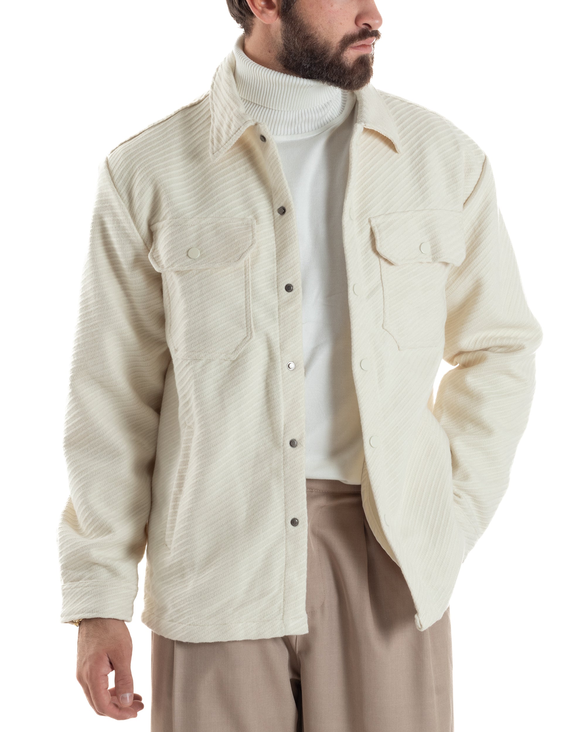 Giacca Overshirt Uomo Camicia Con Tasconi Tessuto Diagonale Panna G3363A