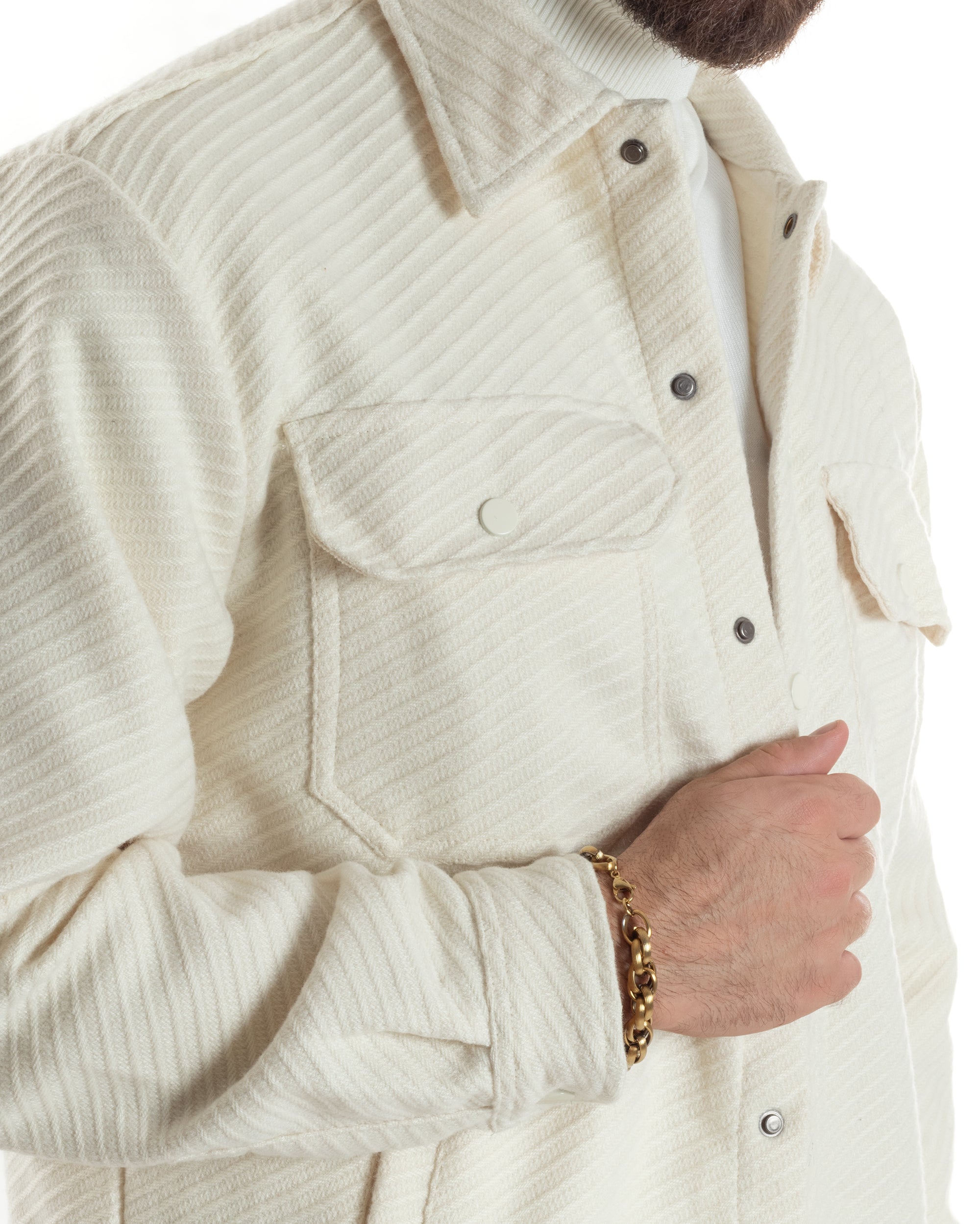 Giacca Overshirt Uomo Camicia Con Tasconi Tessuto Diagonale Panna G3363A