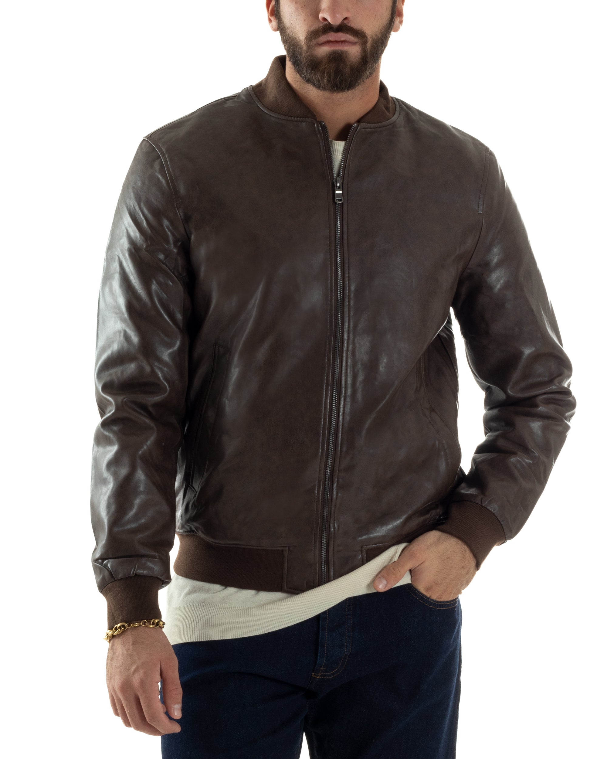 Giubbotto Uomo College Ecopelle Vintage Biker Basic Imbottito Marrone G3364A