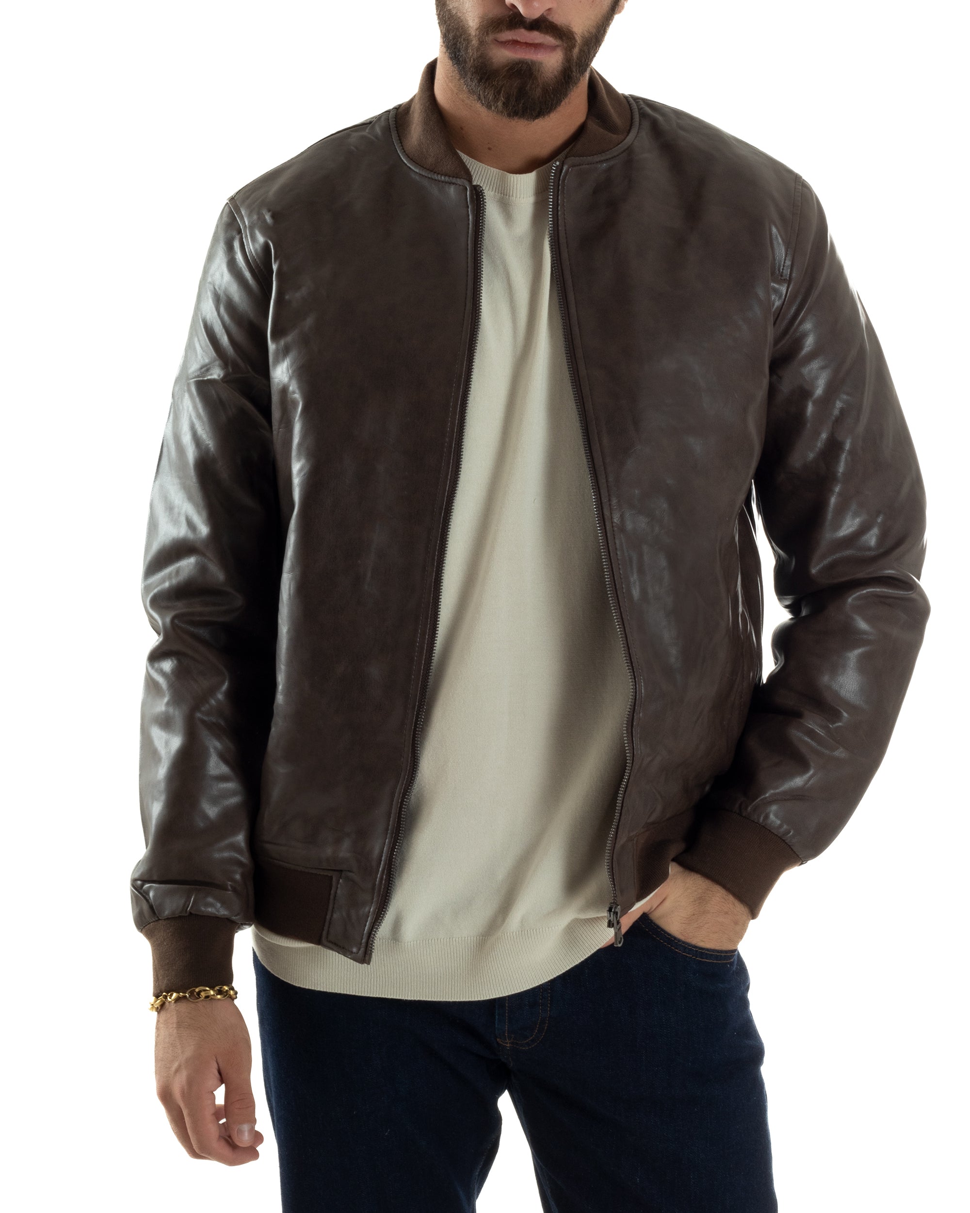 Giubbotto Uomo College Ecopelle Vintage Biker Basic Imbottito Marrone G3364A