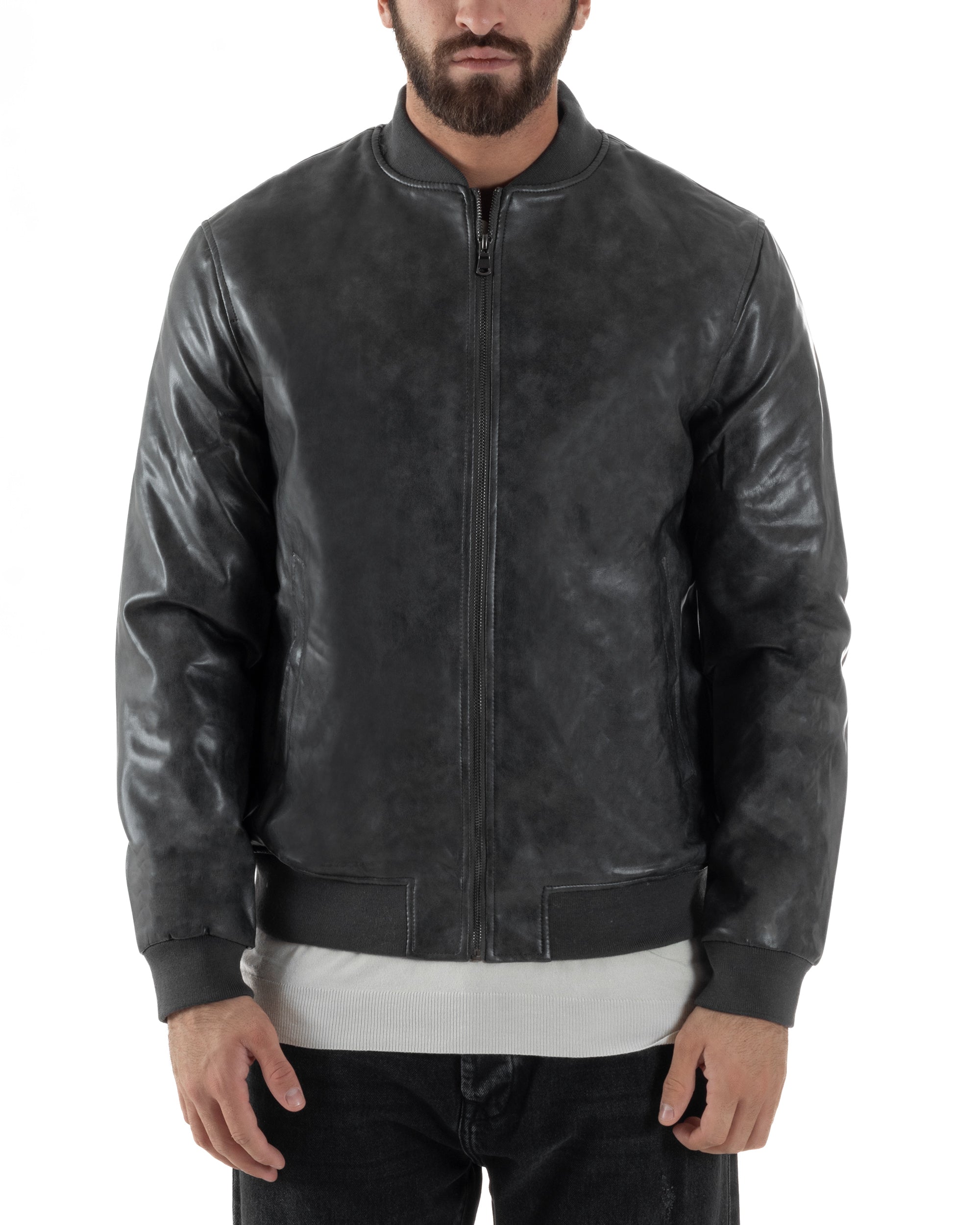 Giubbotto Uomo College Ecopelle Vintage Biker Basic Imbottito Grigio G3365A