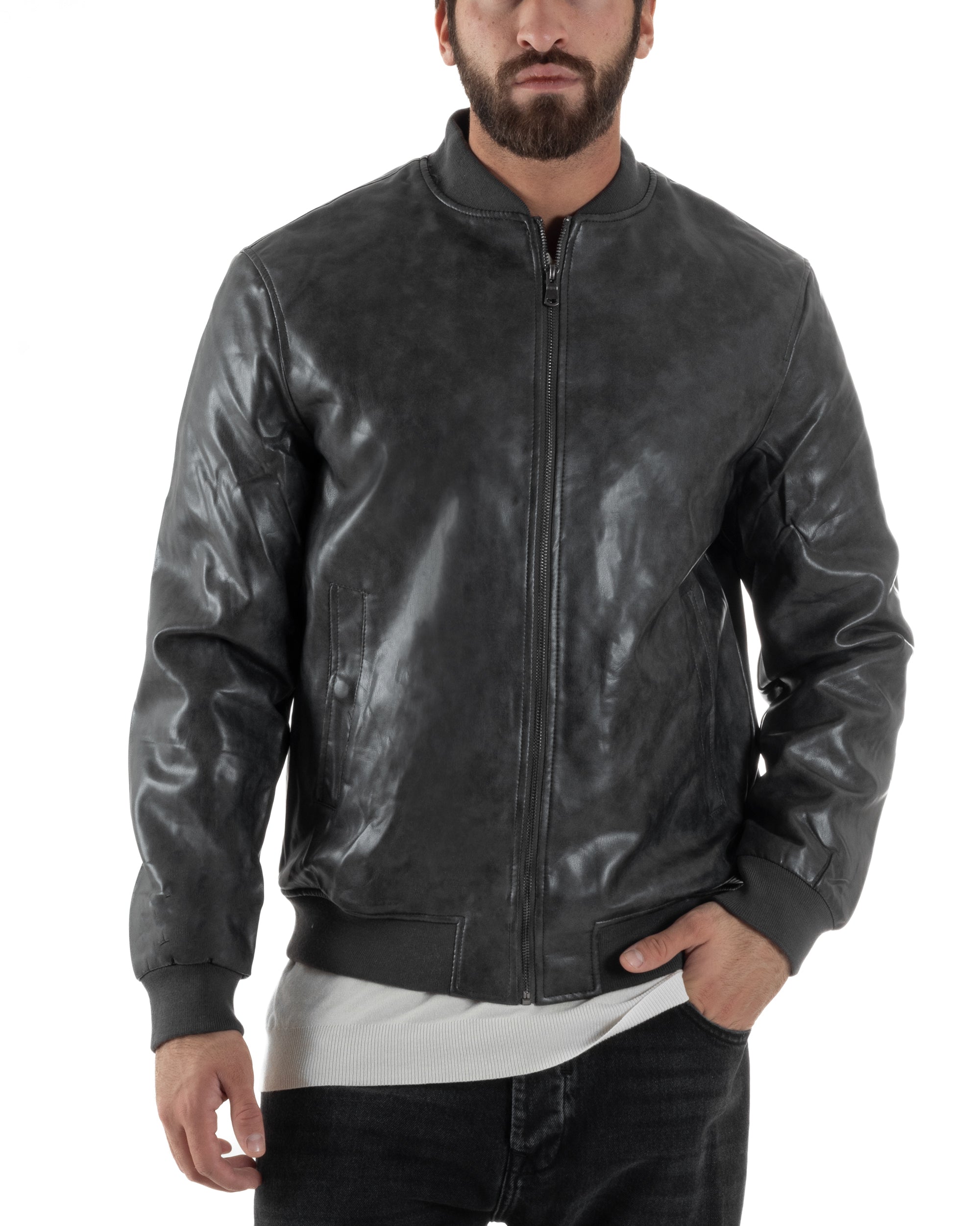 Giubbotto Uomo College Ecopelle Vintage Biker Basic Imbottito Grigio G3365A