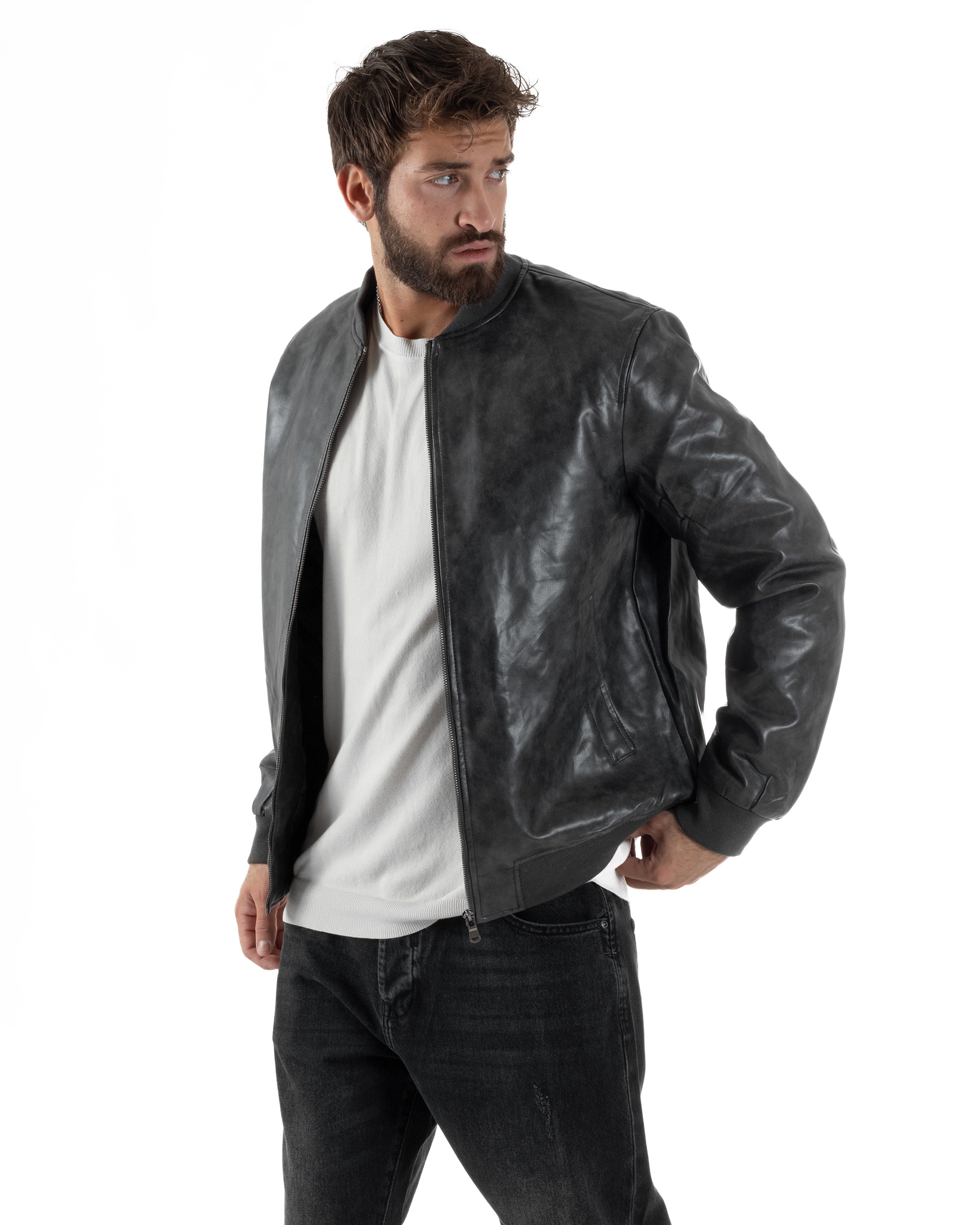 Giubbotto Uomo College Ecopelle Vintage Biker Basic Imbottito Grigio G3365A