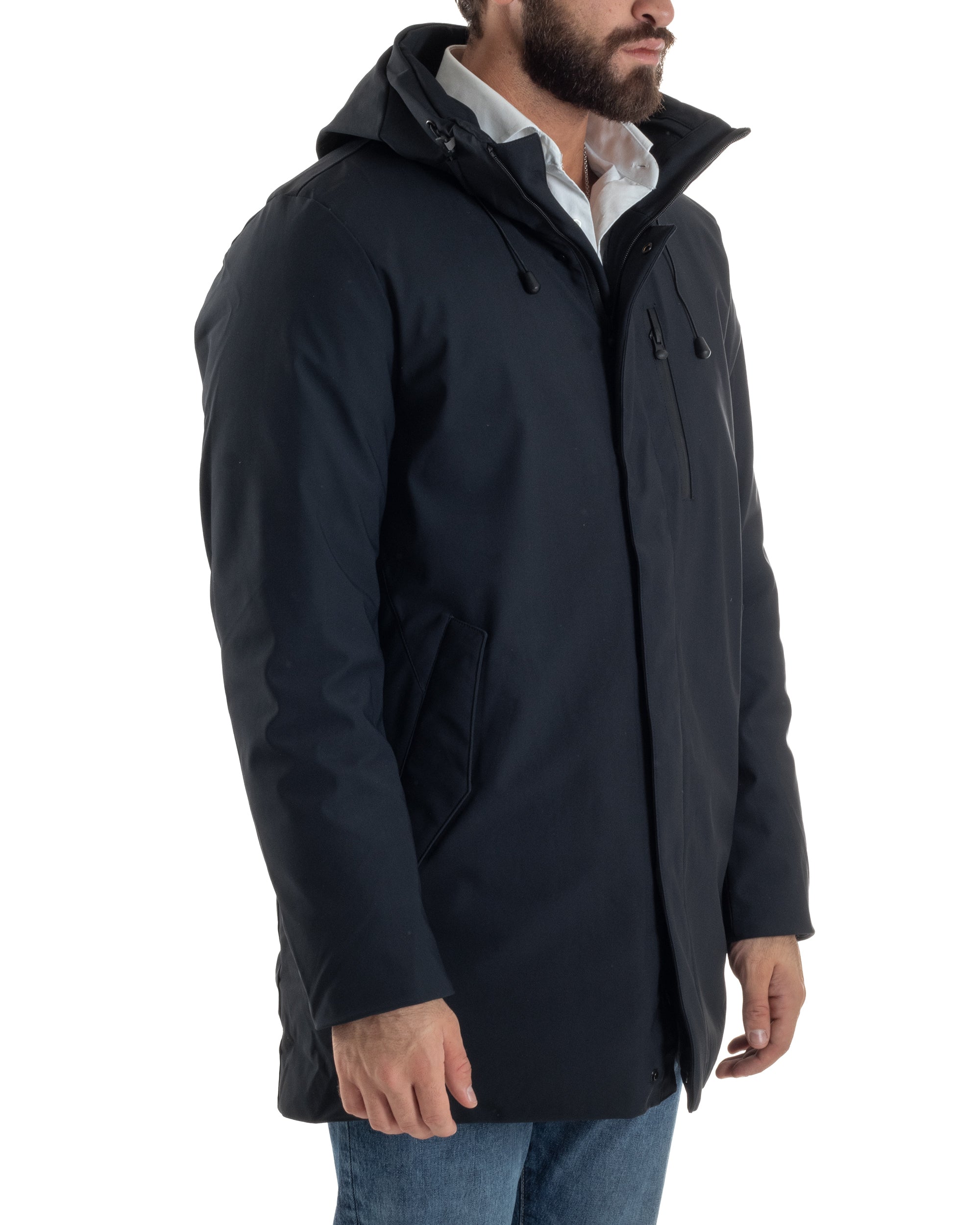 Giubbotto Uomo Con Cappuccio Trench Tessuto Tecnico Giaccone Con Zip Imbottito Lungo Blu G3367A