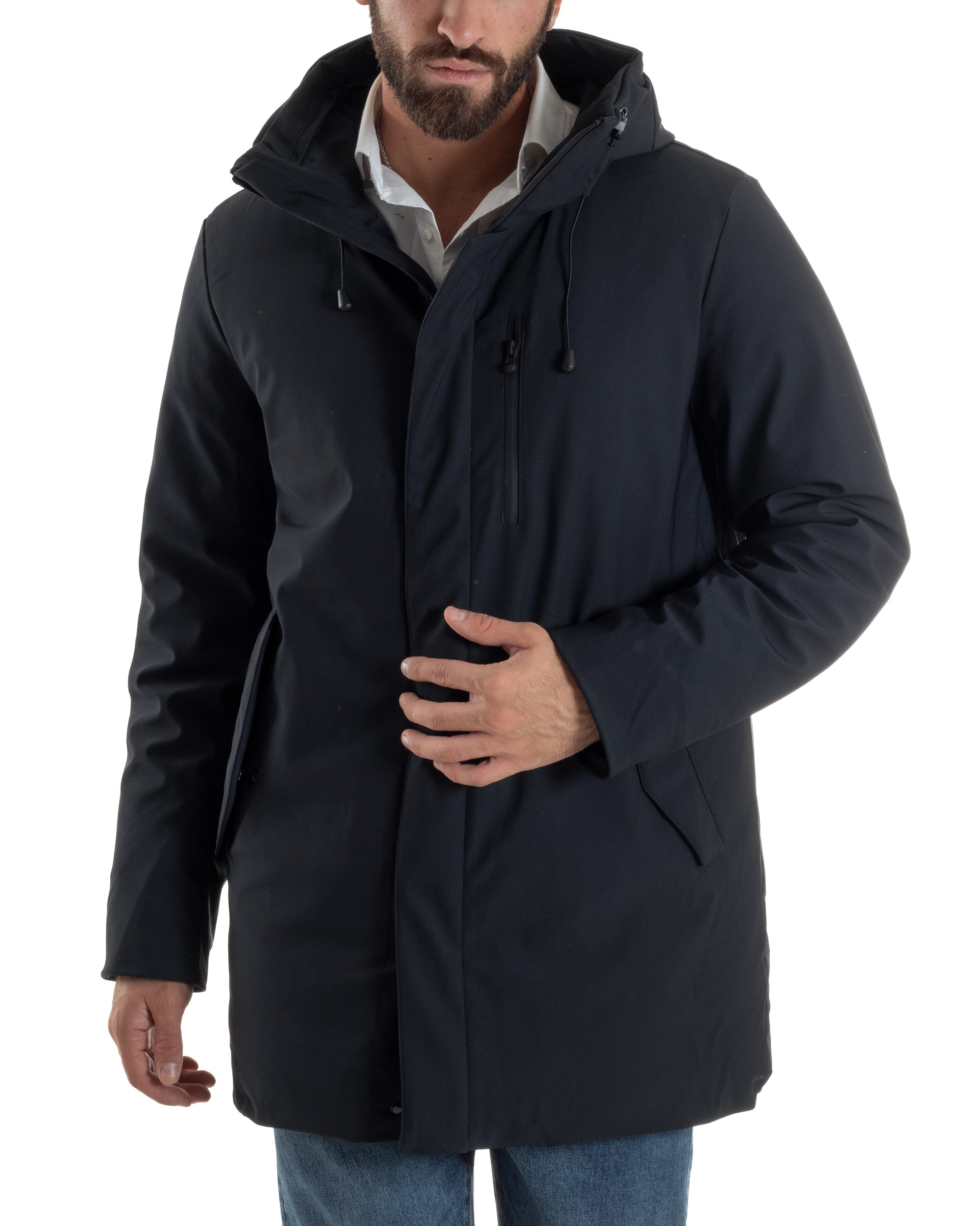 Giubbotto Uomo Con Cappuccio Trench Tessuto Tecnico Giaccone Con Zip Imbottito Lungo Blu G3367A