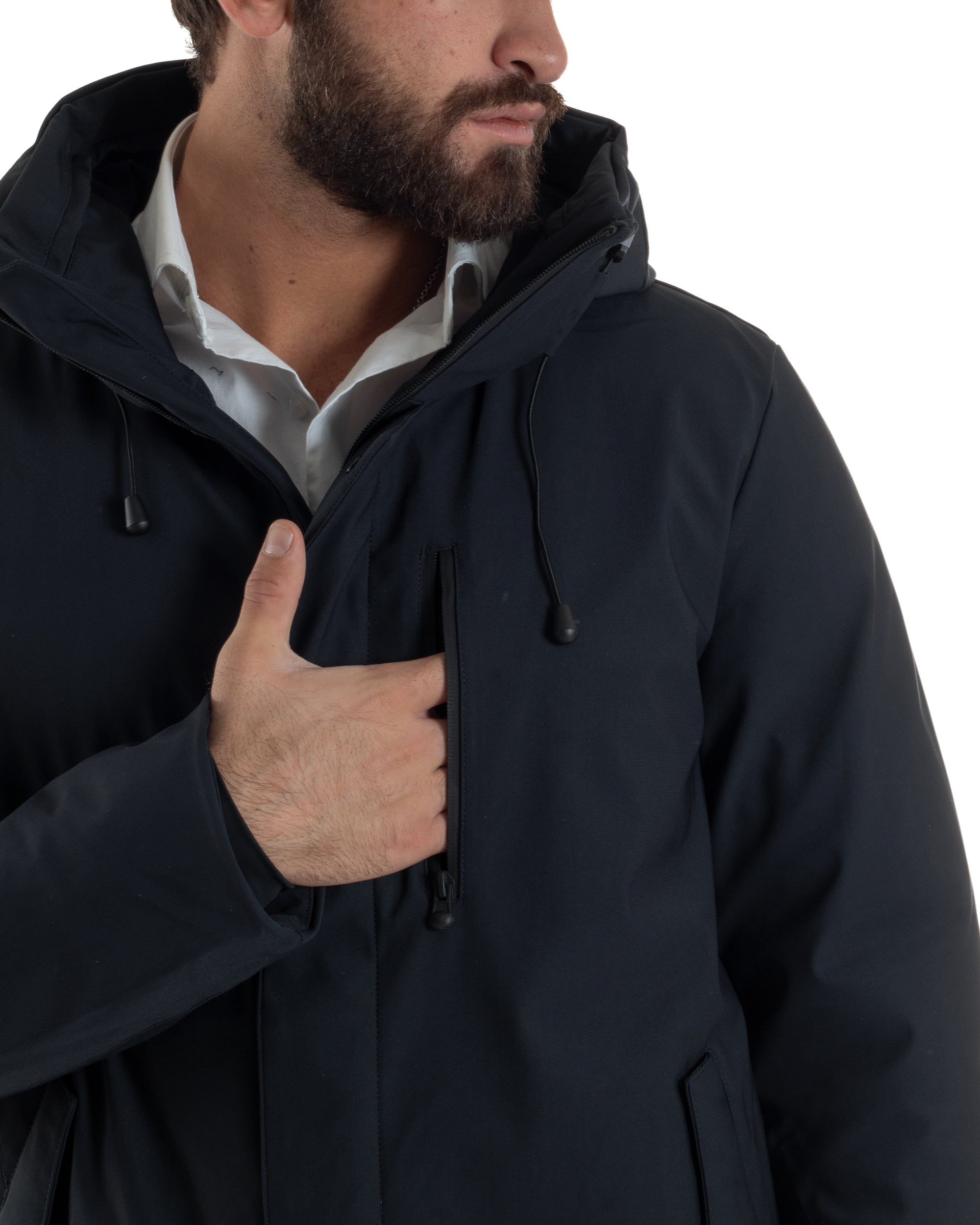 Giubbotto Uomo Con Cappuccio Trench Tessuto Tecnico Giaccone Con Zip Imbottito Lungo Blu G3367A