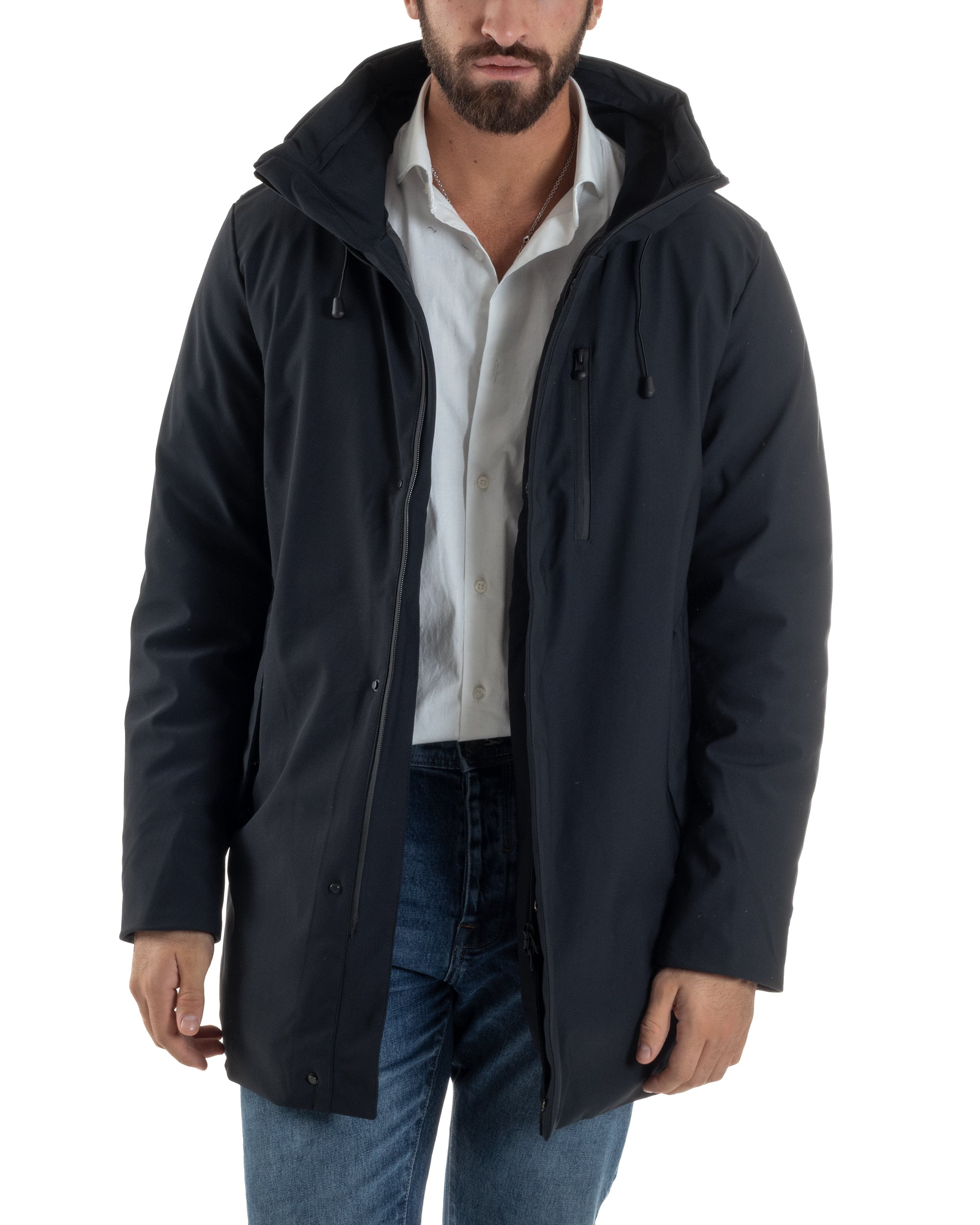 Giubbotto Uomo Con Cappuccio Trench Tessuto Tecnico Giaccone Con Zip Imbottito Lungo Blu G3367A