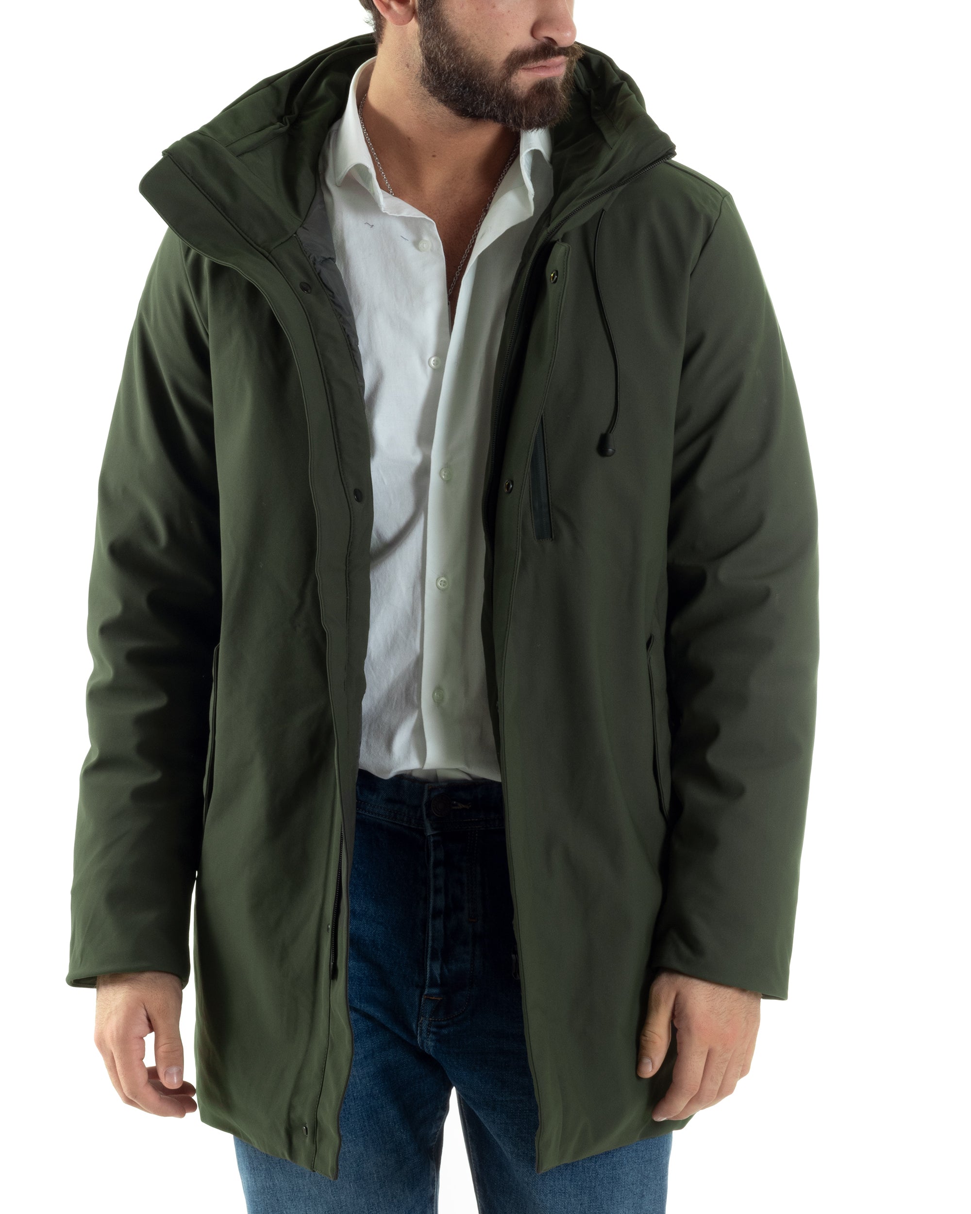 Giubbotto Uomo Con Cappuccio Trench Tessuto Tecnico Giaccone Con Zip Imbottito Lungo Verde G3368A