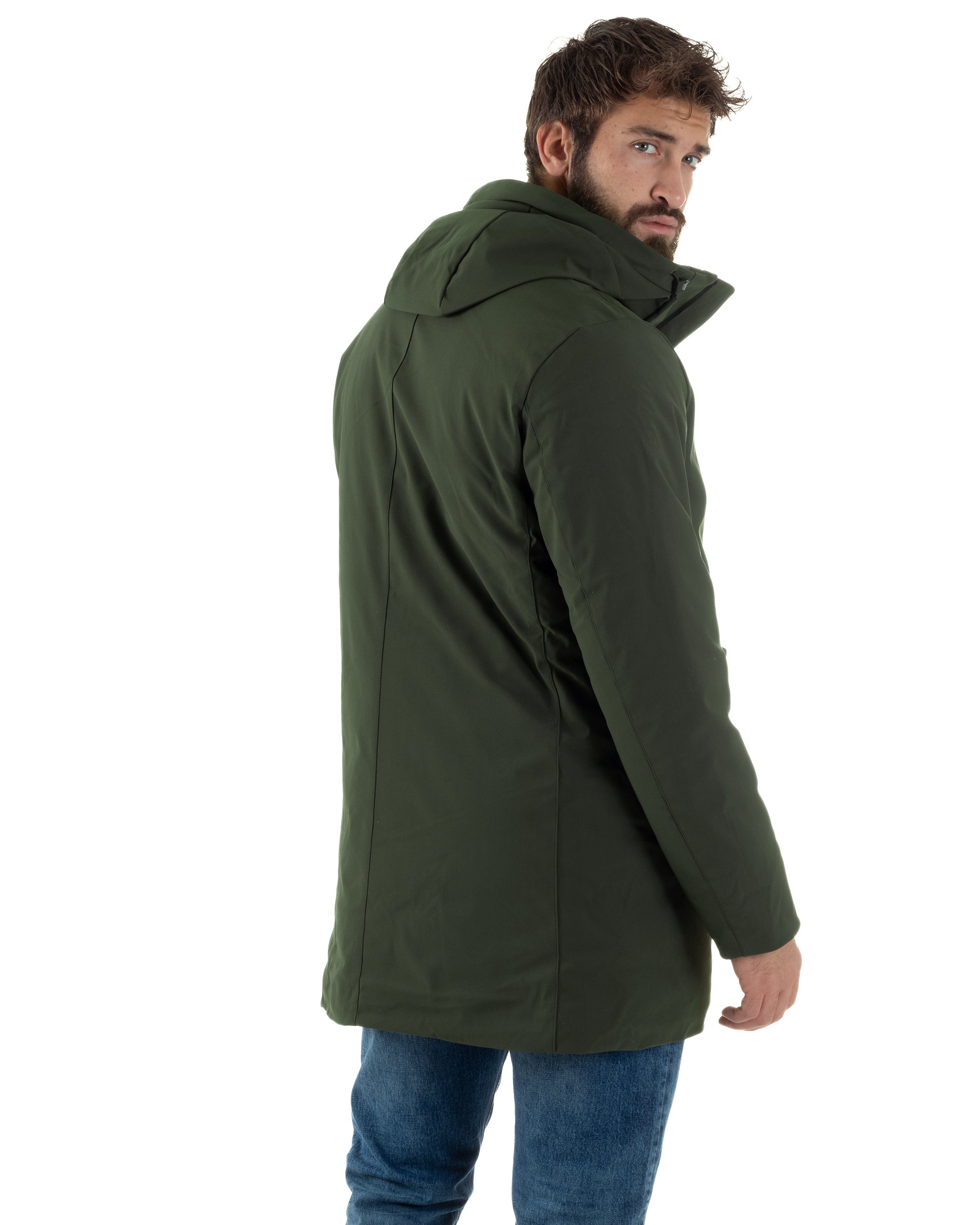 Giubbotto Uomo Con Cappuccio Trench Tessuto Tecnico Giaccone Con Zip Imbottito Lungo Verde G3368A
