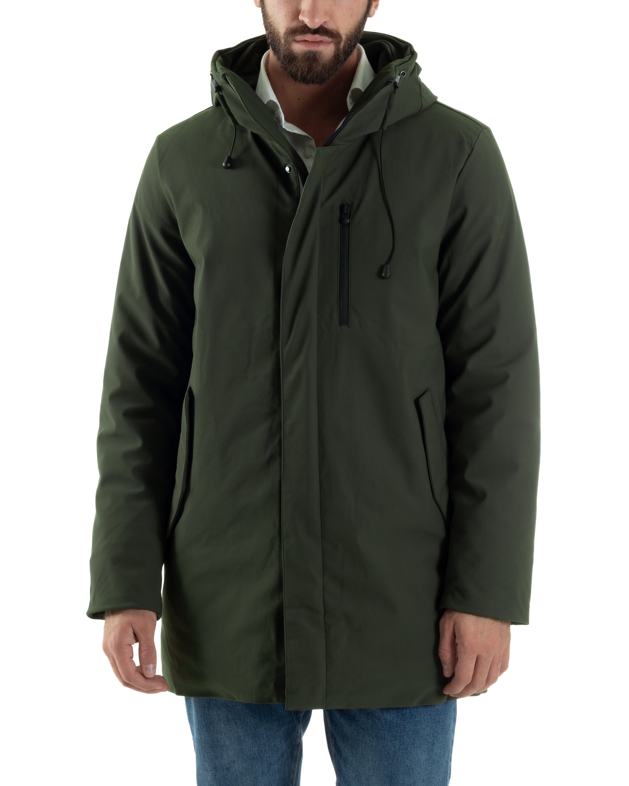Giubbotto Uomo Con Cappuccio Trench Tessuto Tecnico Giaccone Con Zip Imbottito Lungo Verde G3368A