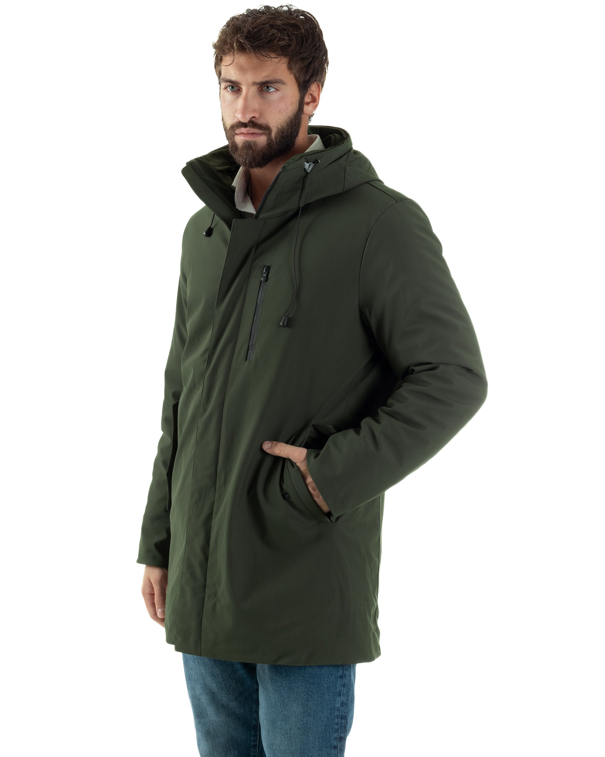 Giubbotto Uomo Con Cappuccio Trench Tessuto Tecnico Giaccone Con Zip Imbottito Lungo Verde G3368A