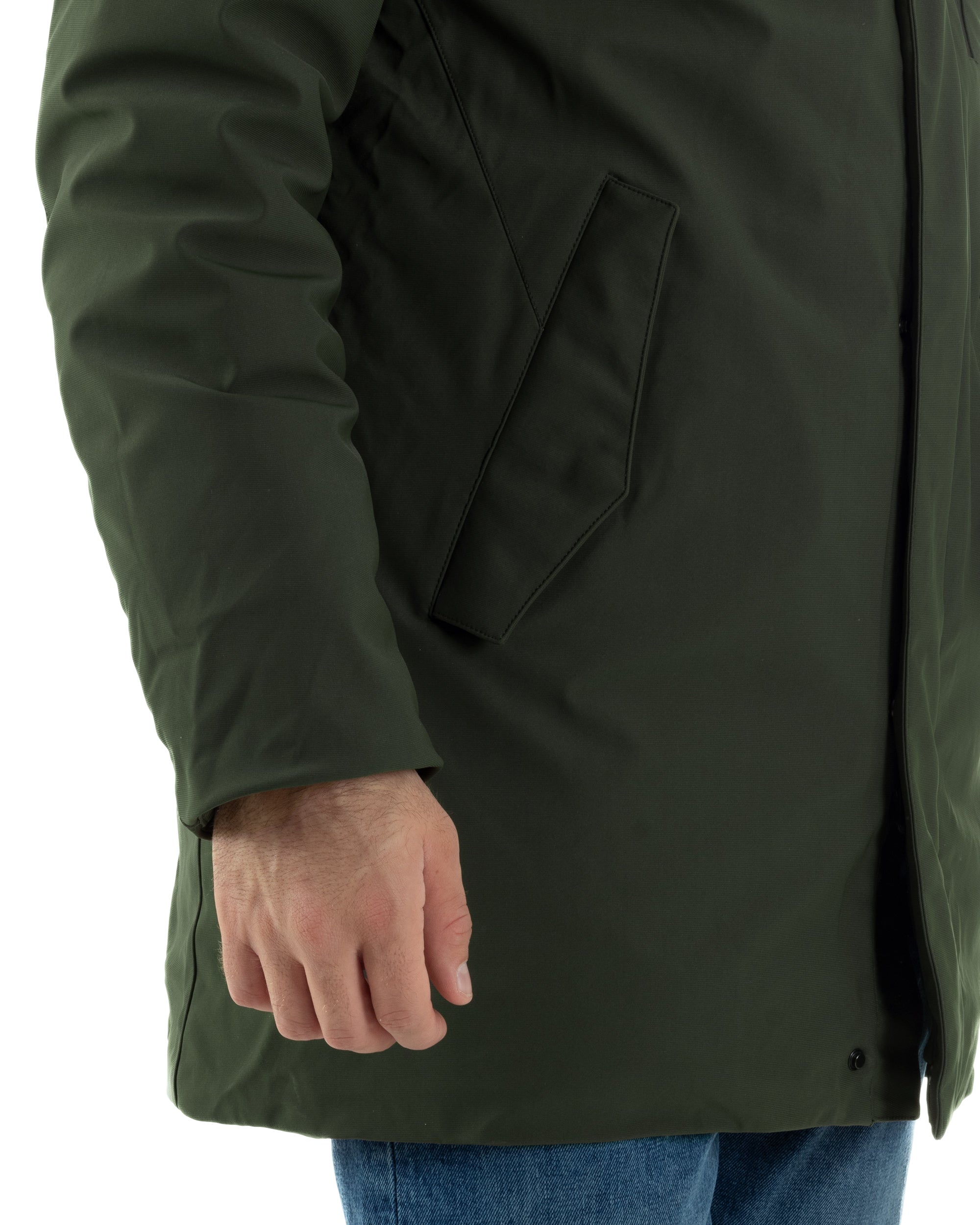 Giubbotto Uomo Con Cappuccio Trench Tessuto Tecnico Giaccone Con Zip Imbottito Lungo Verde G3368A