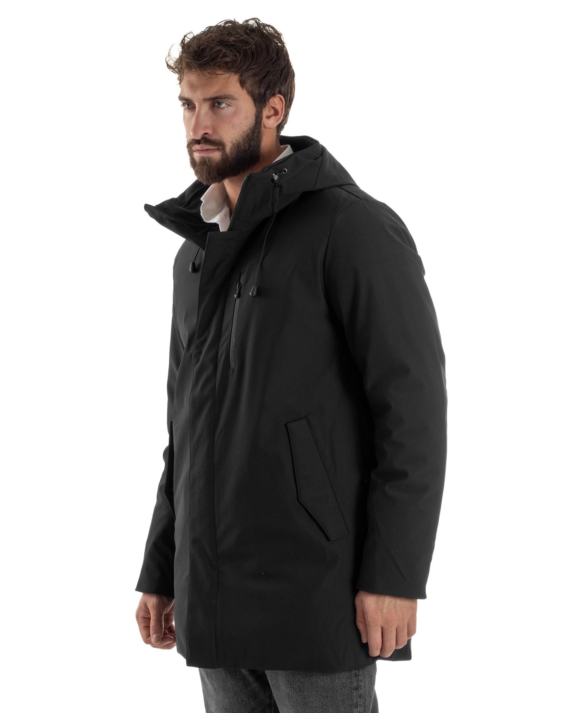 Giubbotto Uomo Con Cappuccio Trench Tessuto Tecnico Giaccone Con Zip Imbottito Lungo Nero G3369A