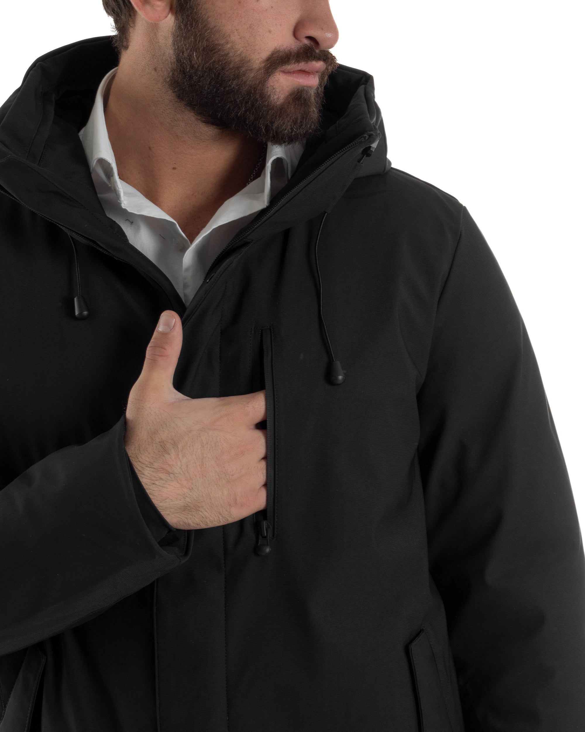 Giubbotto Uomo Con Cappuccio Trench Tessuto Tecnico Giaccone Con Zip Imbottito Lungo Nero G3369A
