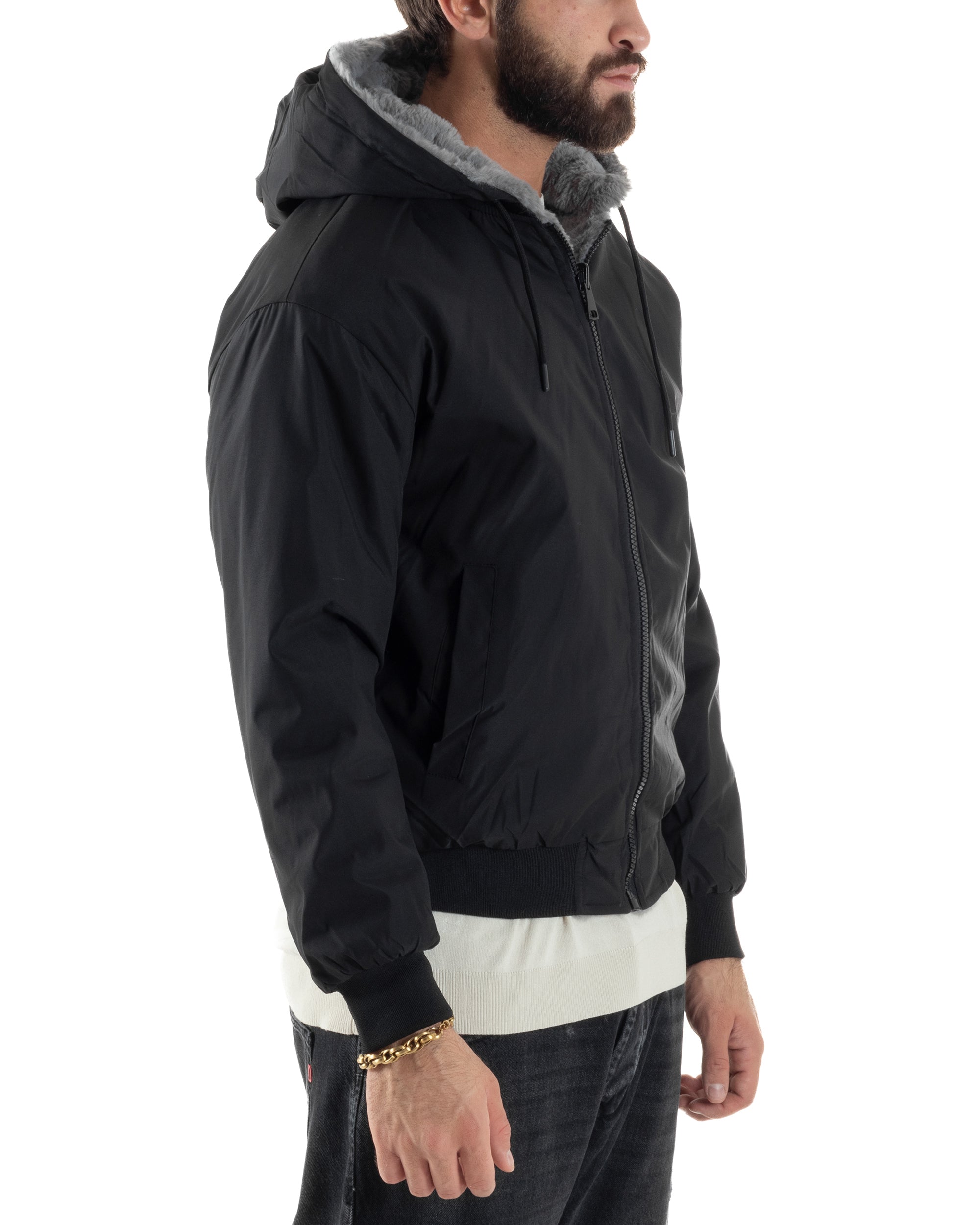 Giubbotto Uomo Bomber Double Face Tessuto Tecnico Pelliccia Cappuccio Nero G3370A