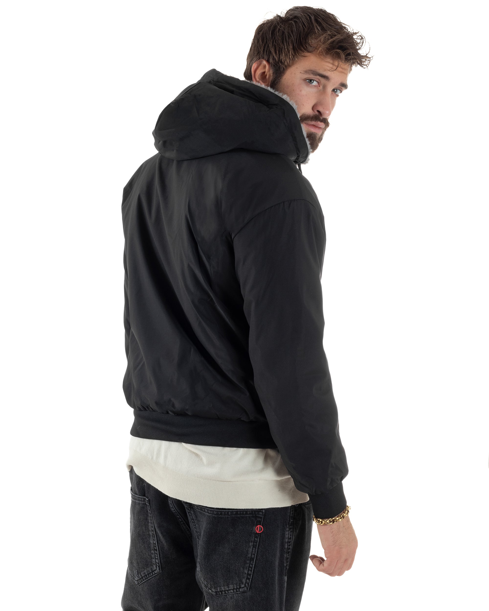 Giubbotto Uomo Bomber Double Face Tessuto Tecnico Pelliccia Cappuccio Nero G3370A