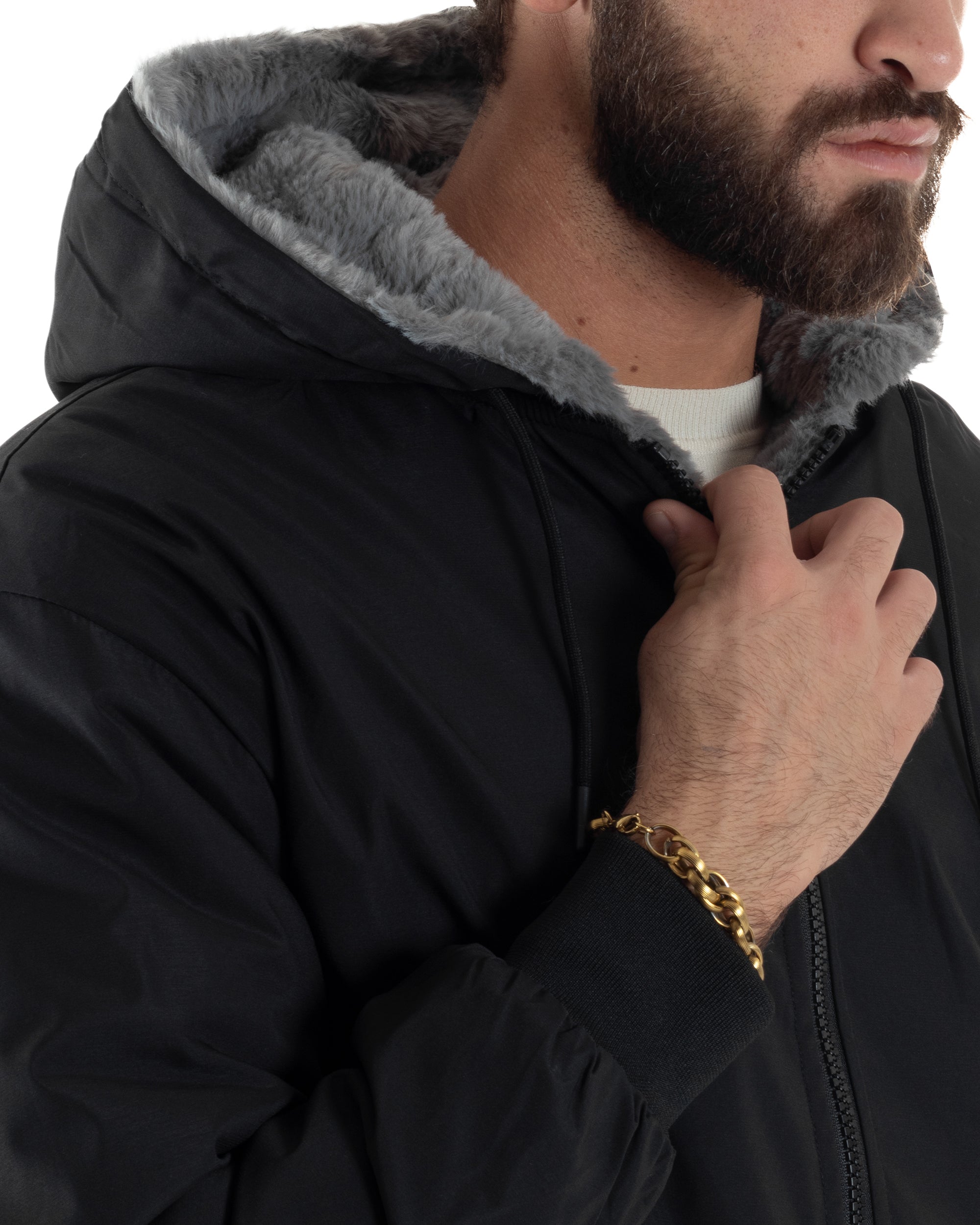 Giubbotto Uomo Bomber Double Face Tessuto Tecnico Pelliccia Cappuccio Nero G3370A