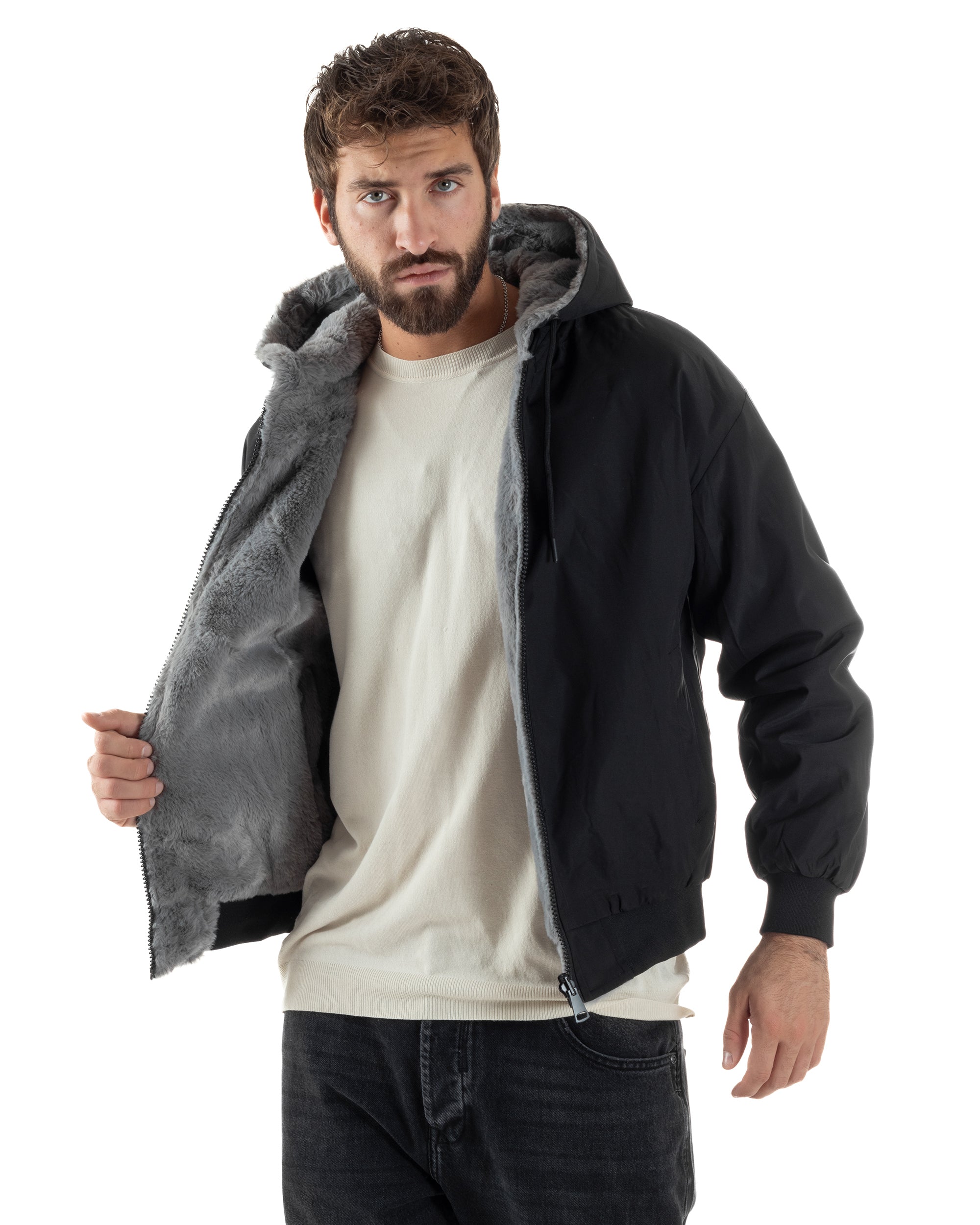 Giubbotto Uomo Bomber Double Face Tessuto Tecnico Pelliccia Cappuccio Nero G3370A