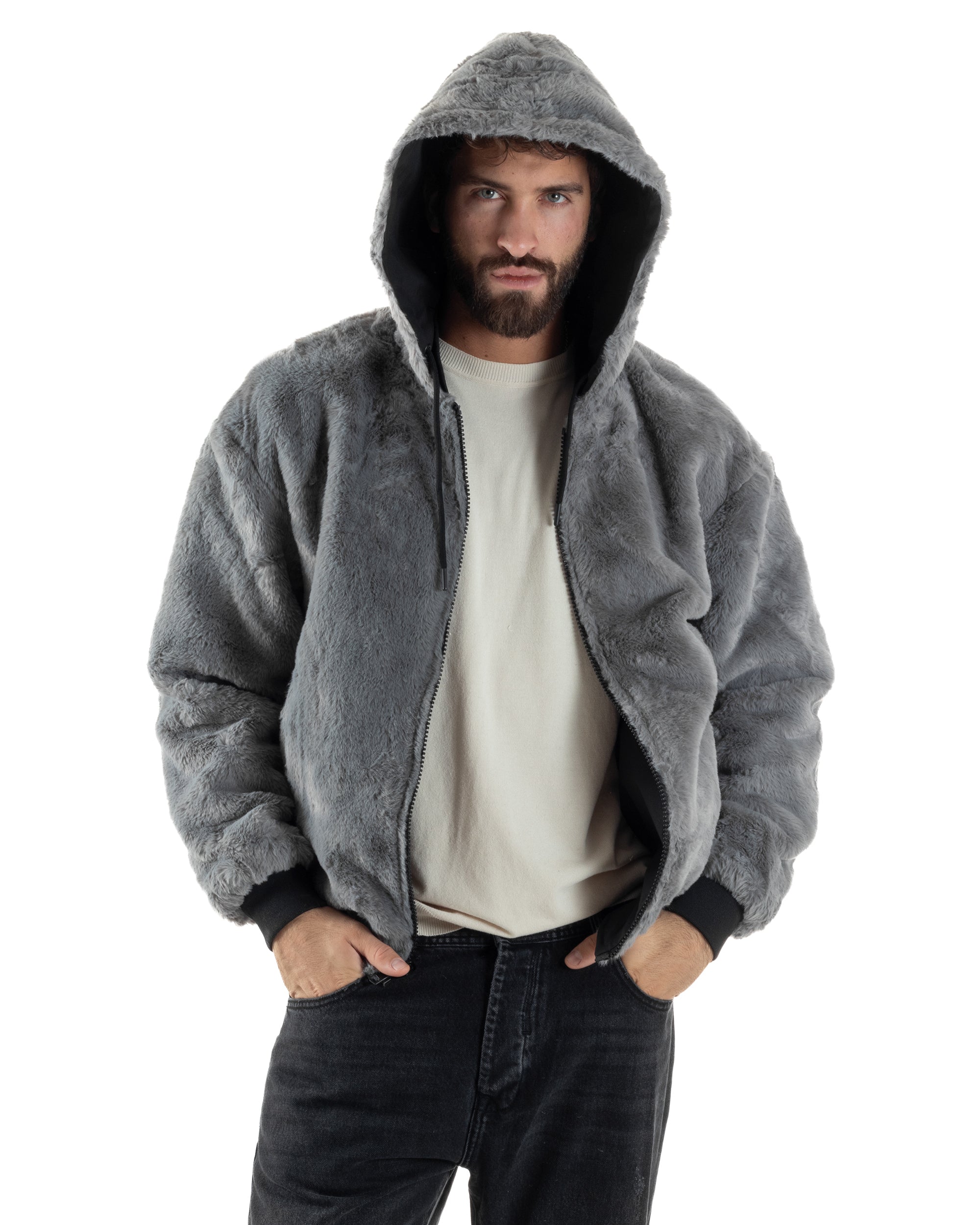 Giubbotto Uomo Bomber Double Face Tessuto Tecnico Pelliccia Cappuccio Nero G3370A