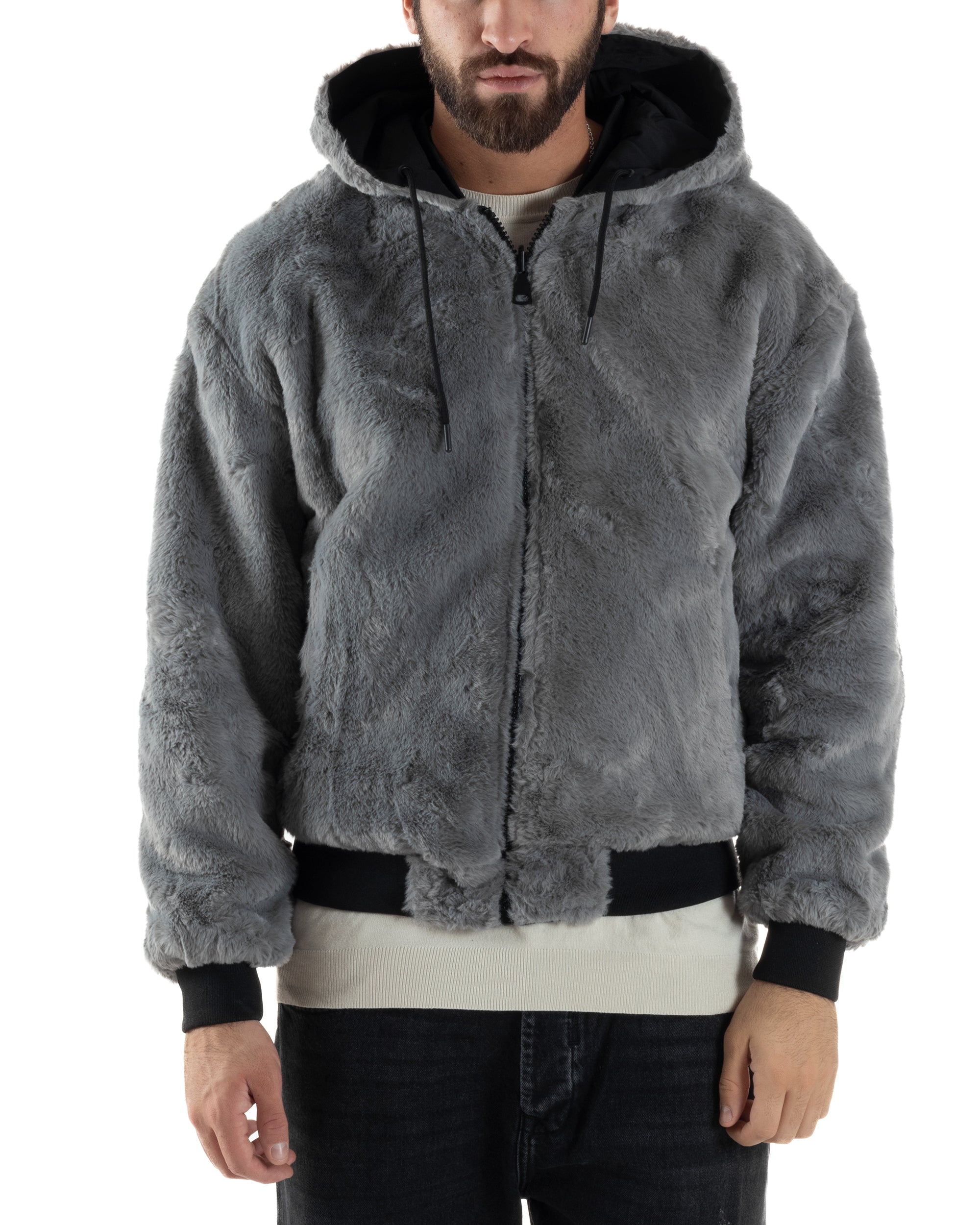 Giubbotto Uomo Bomber Double Face Tessuto Tecnico Pelliccia Cappuccio Nero G3370A