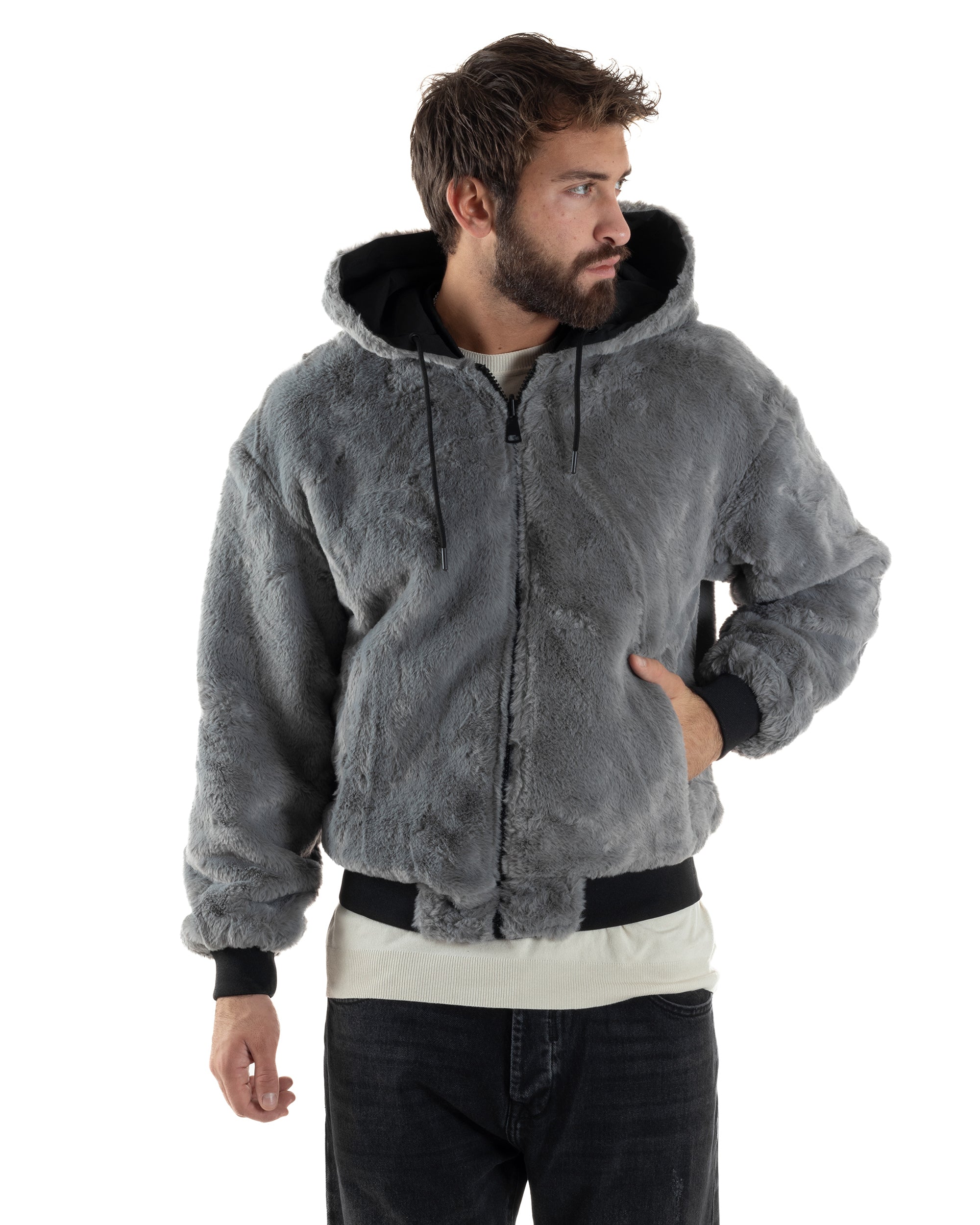 Giubbotto Uomo Bomber Double Face Tessuto Tecnico Pelliccia Cappuccio Nero G3370A