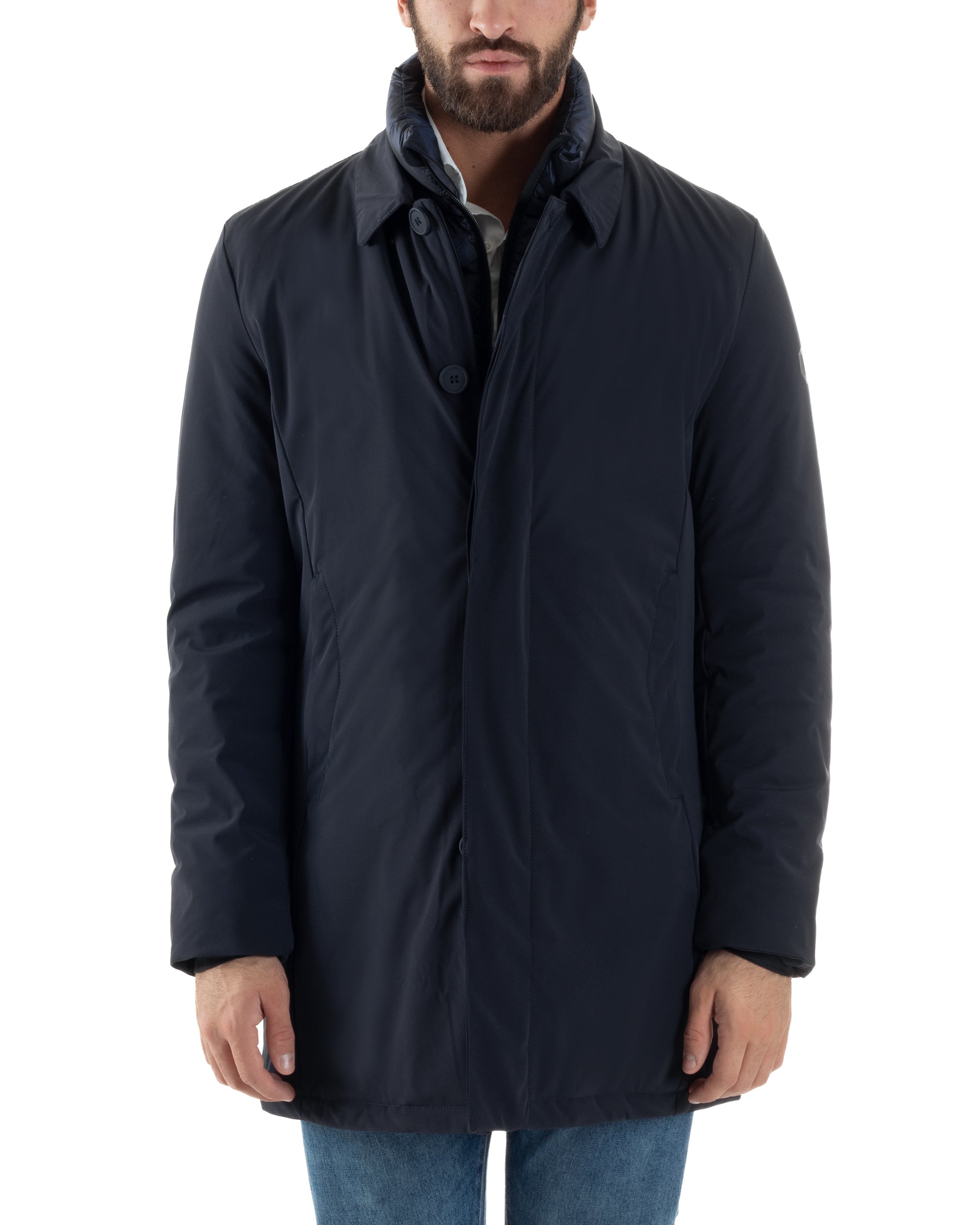 Giubbotto Uomo Trench Impermeabile Tessuto Tecnico Imbottito Blu Over-D OC1F2W5J06