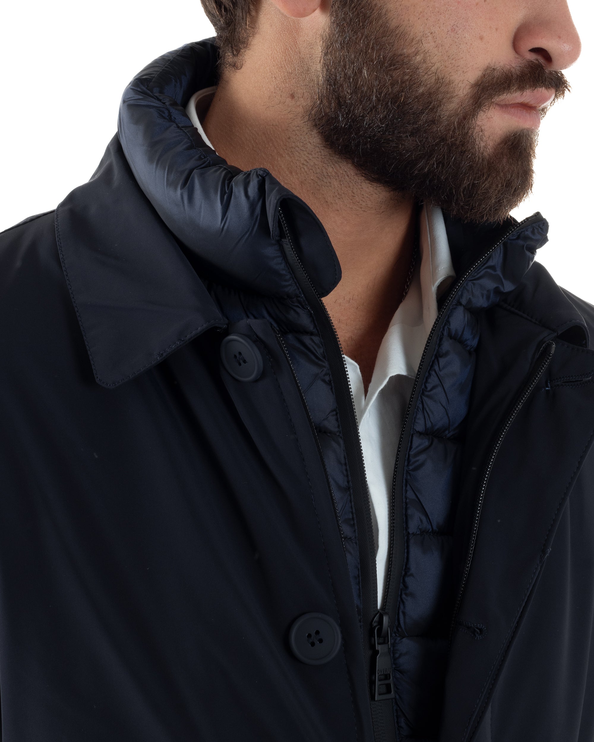 Giubbotto Uomo Trench Impermeabile Tessuto Tecnico Imbottito Blu Over-D OC1F2W5J06