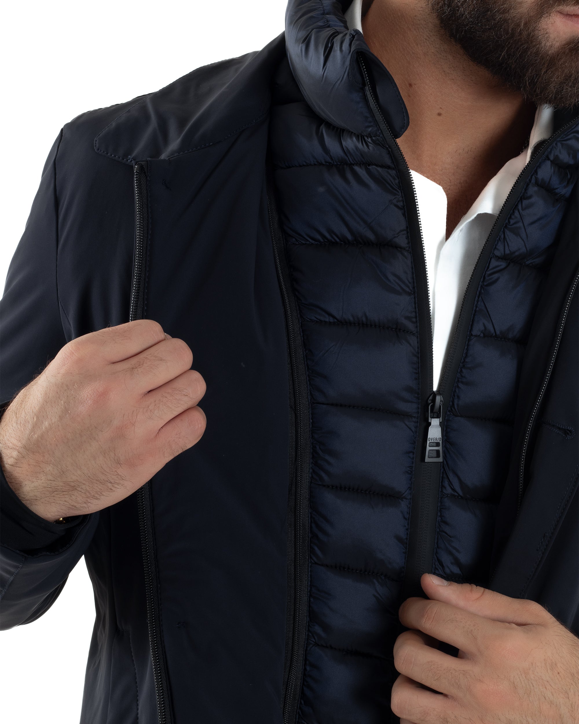 Giubbotto Uomo Trench Impermeabile Tessuto Tecnico Imbottito Blu Over-D OC1F2W5J06