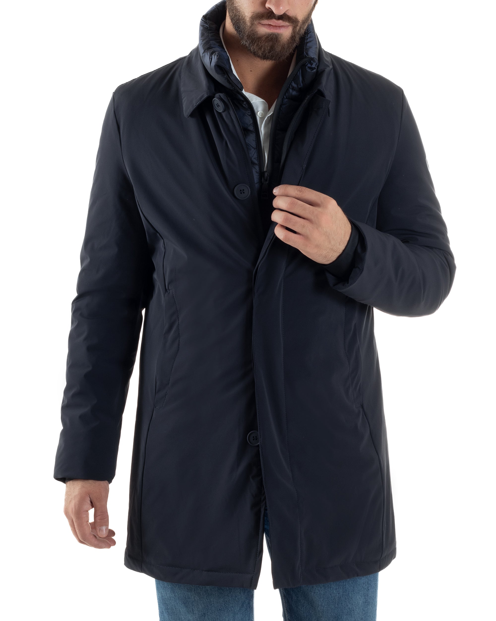 Giubbotto Uomo Trench Impermeabile Tessuto Tecnico Imbottito Blu Over-D OC1F2W5J06
