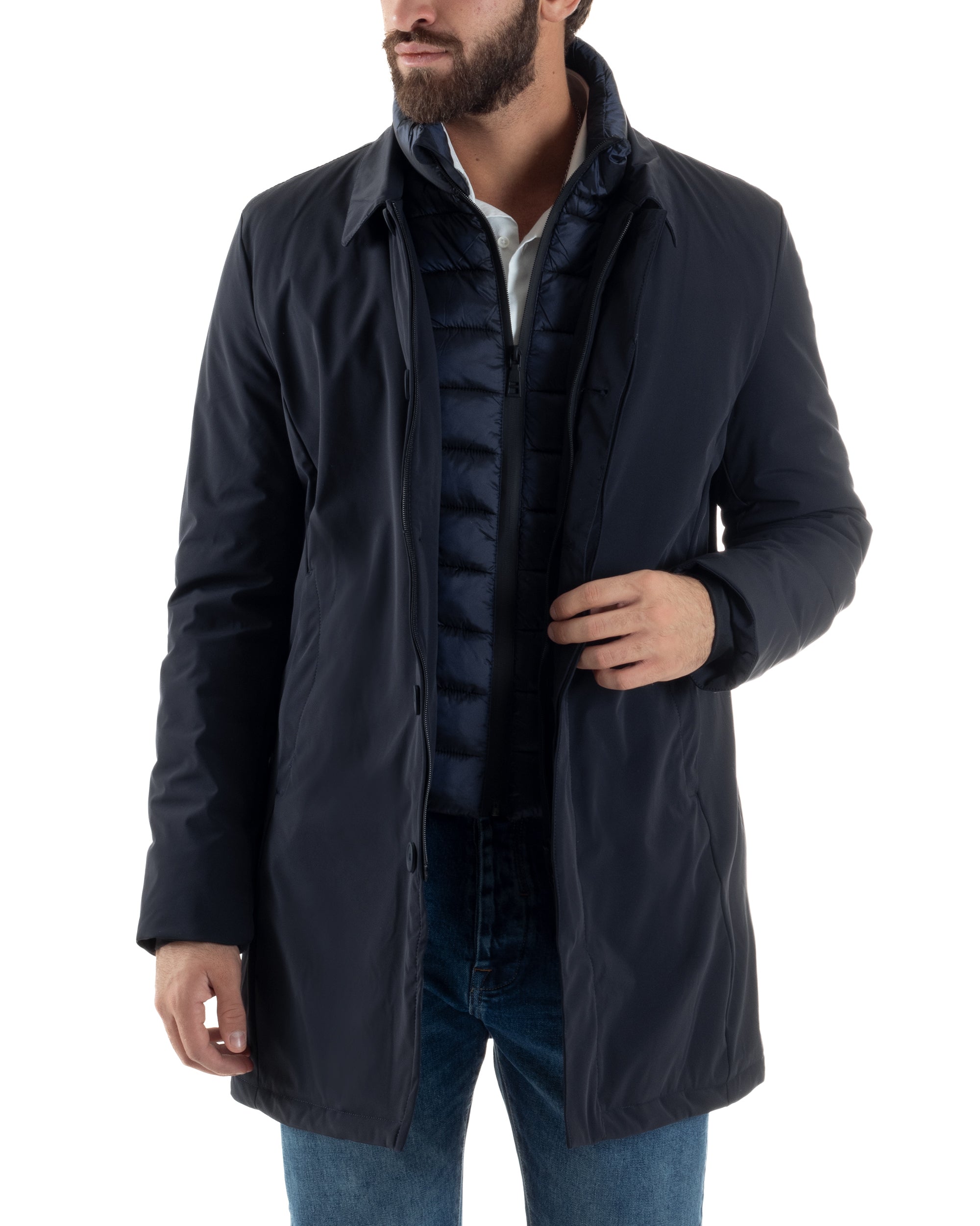 Giubbotto Uomo Trench Impermeabile Tessuto Tecnico Imbottito Blu Over-D OC1F2W5J06