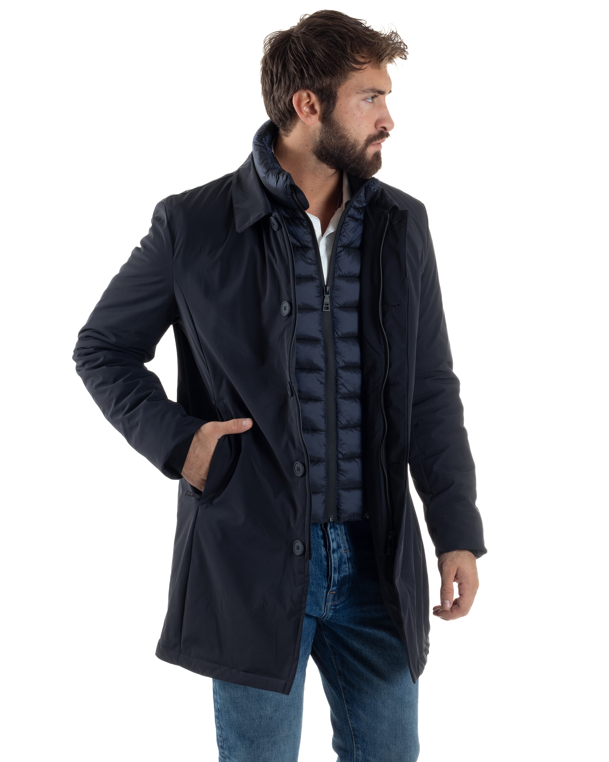 Giubbotto Uomo Trench Impermeabile Tessuto Tecnico Imbottito Blu Over-D OC1F2W5J06