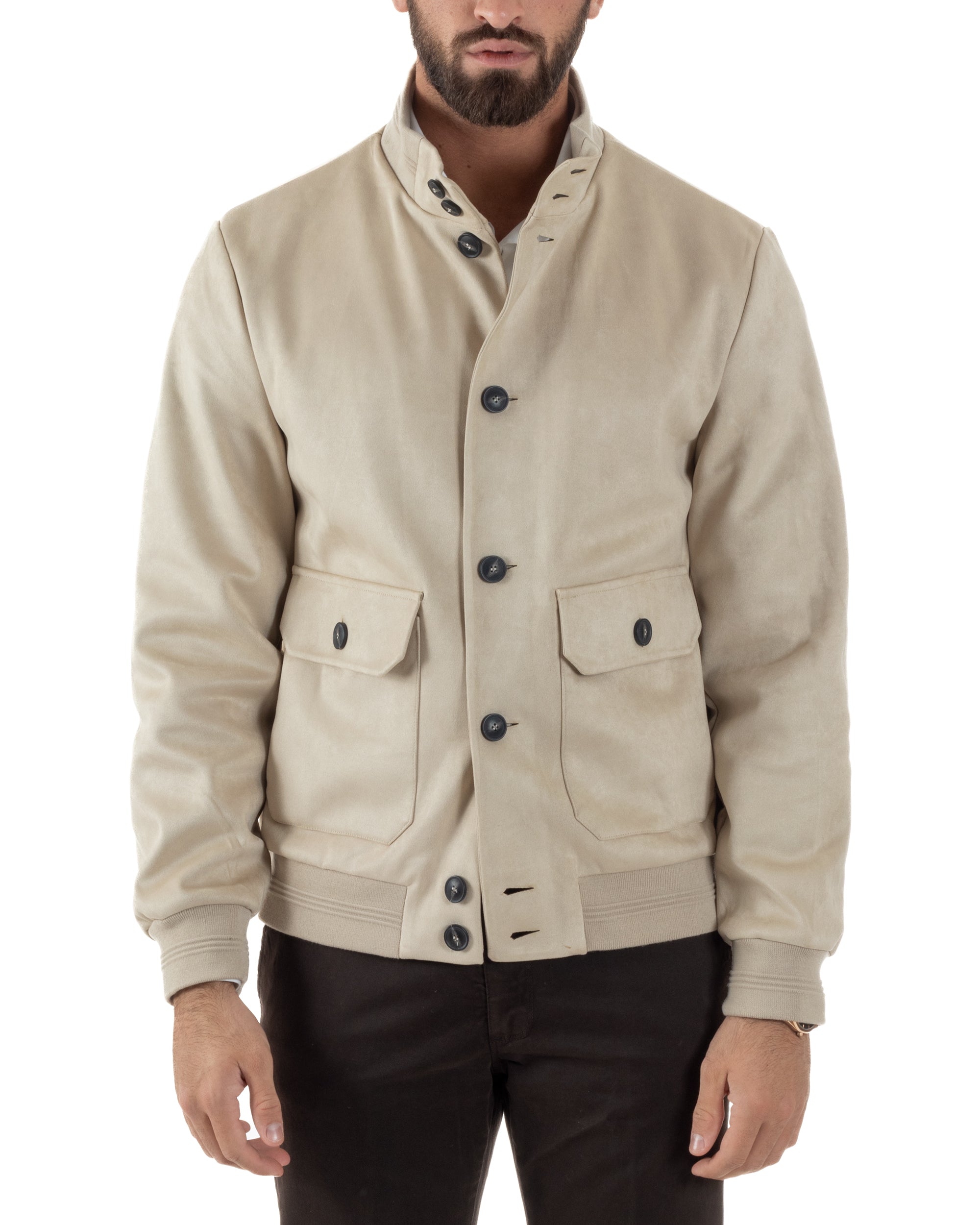Giubbotto Uomo College Camoscio Giacca Con Bottoni Beige G3372A