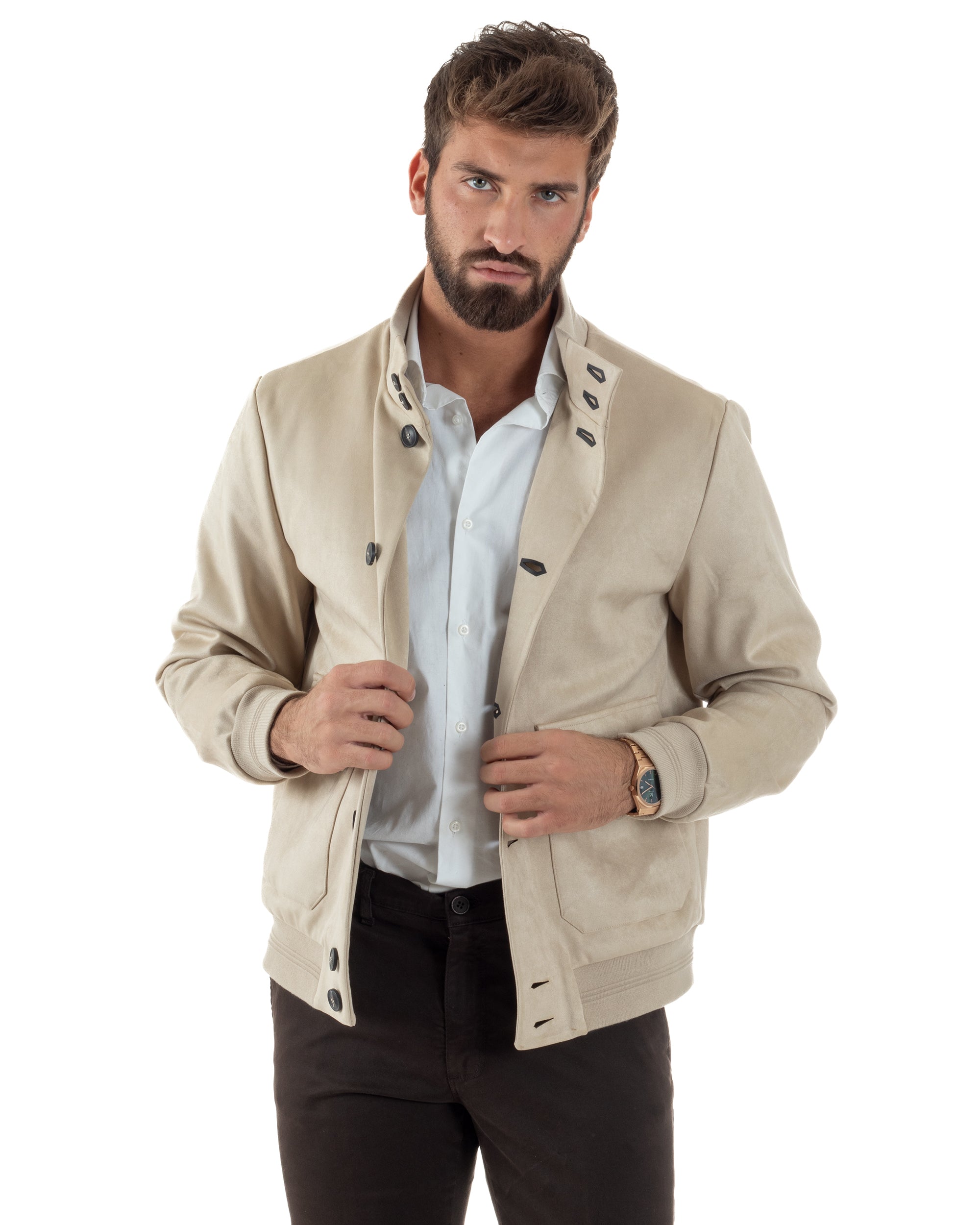 Giubbotto Uomo College Camoscio Giacca Con Bottoni Beige G3372A