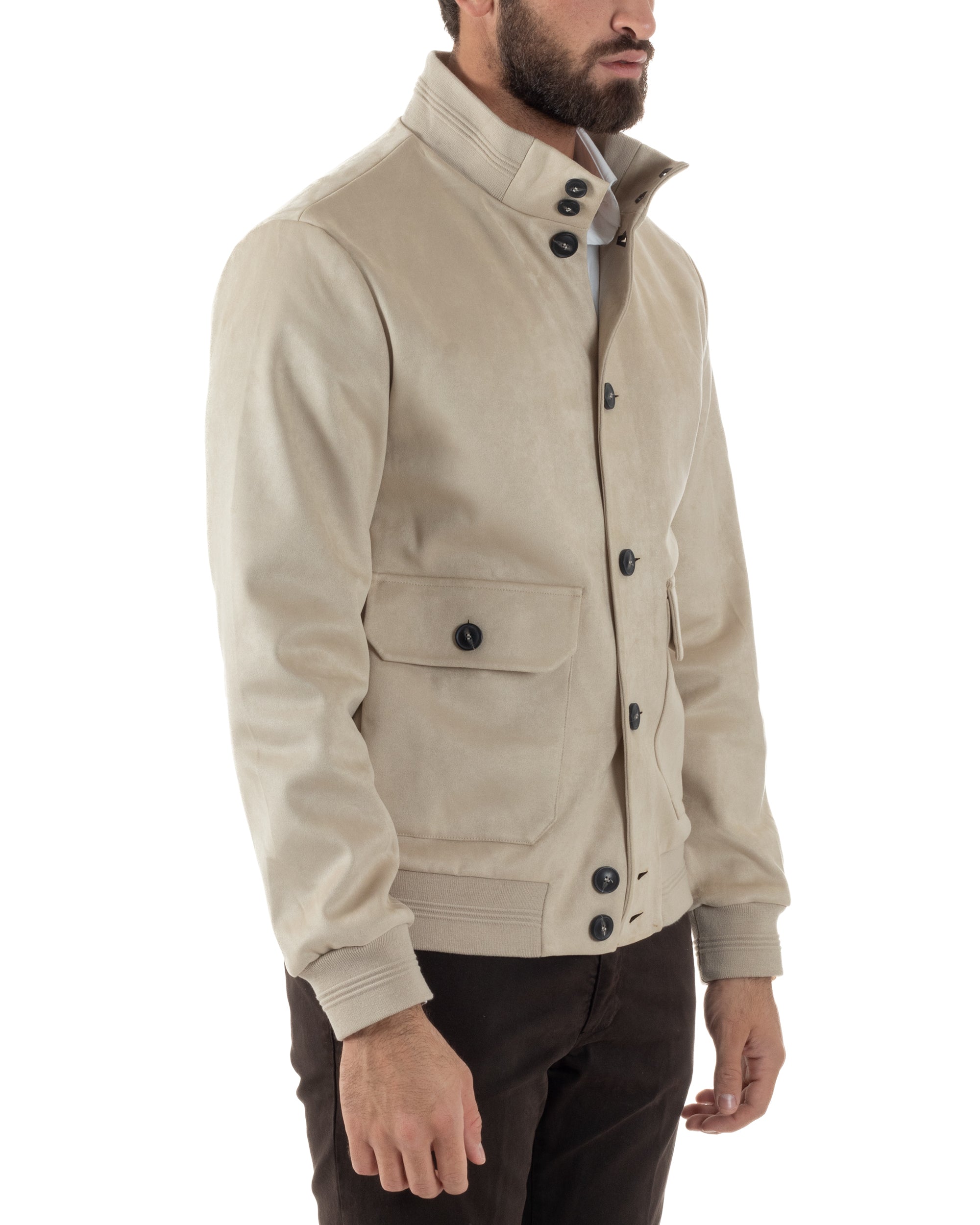 Giubbotto Uomo College Camoscio Giacca Con Bottoni Beige G3372A