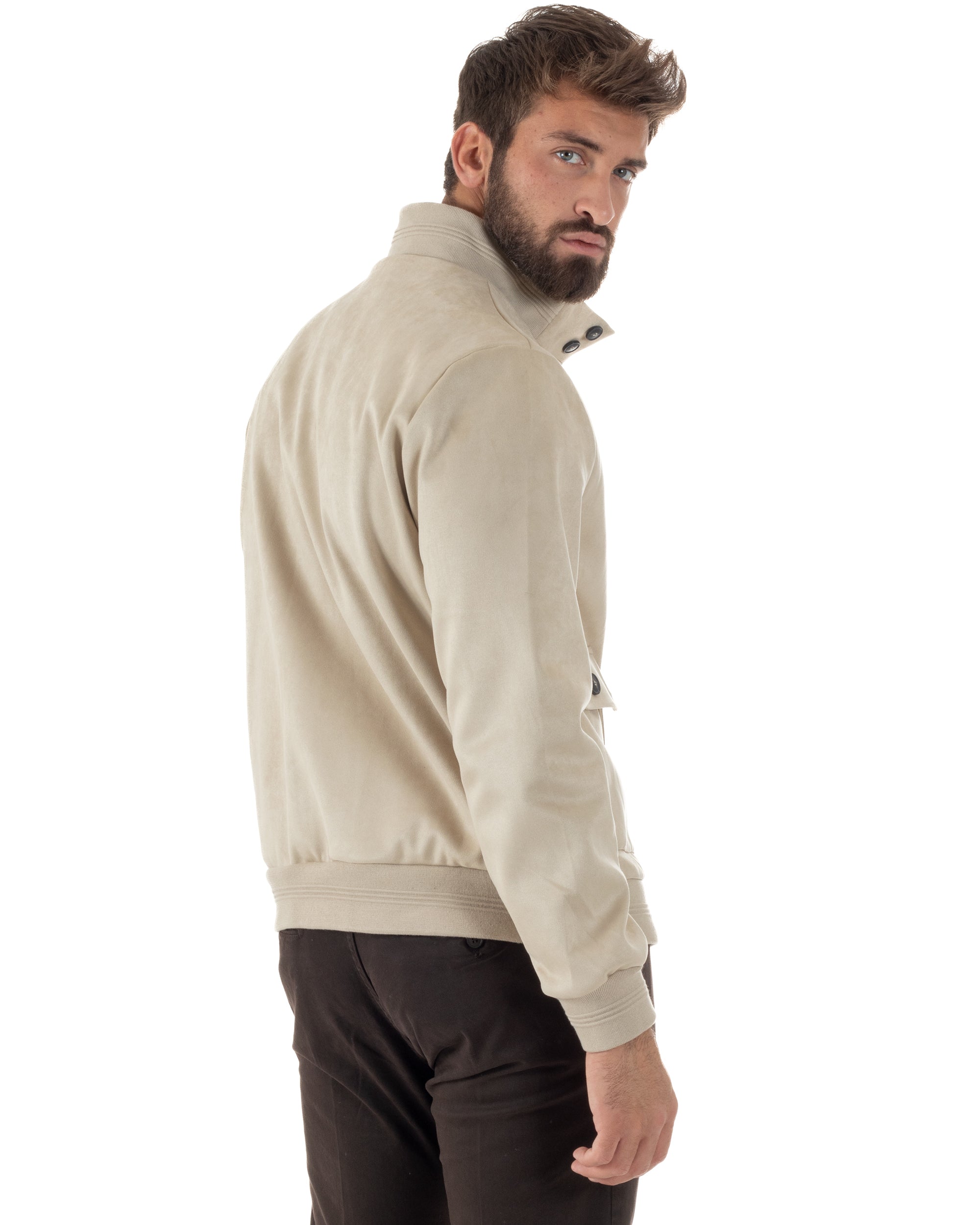 Giubbotto Uomo College Camoscio Giacca Con Bottoni Beige G3372A